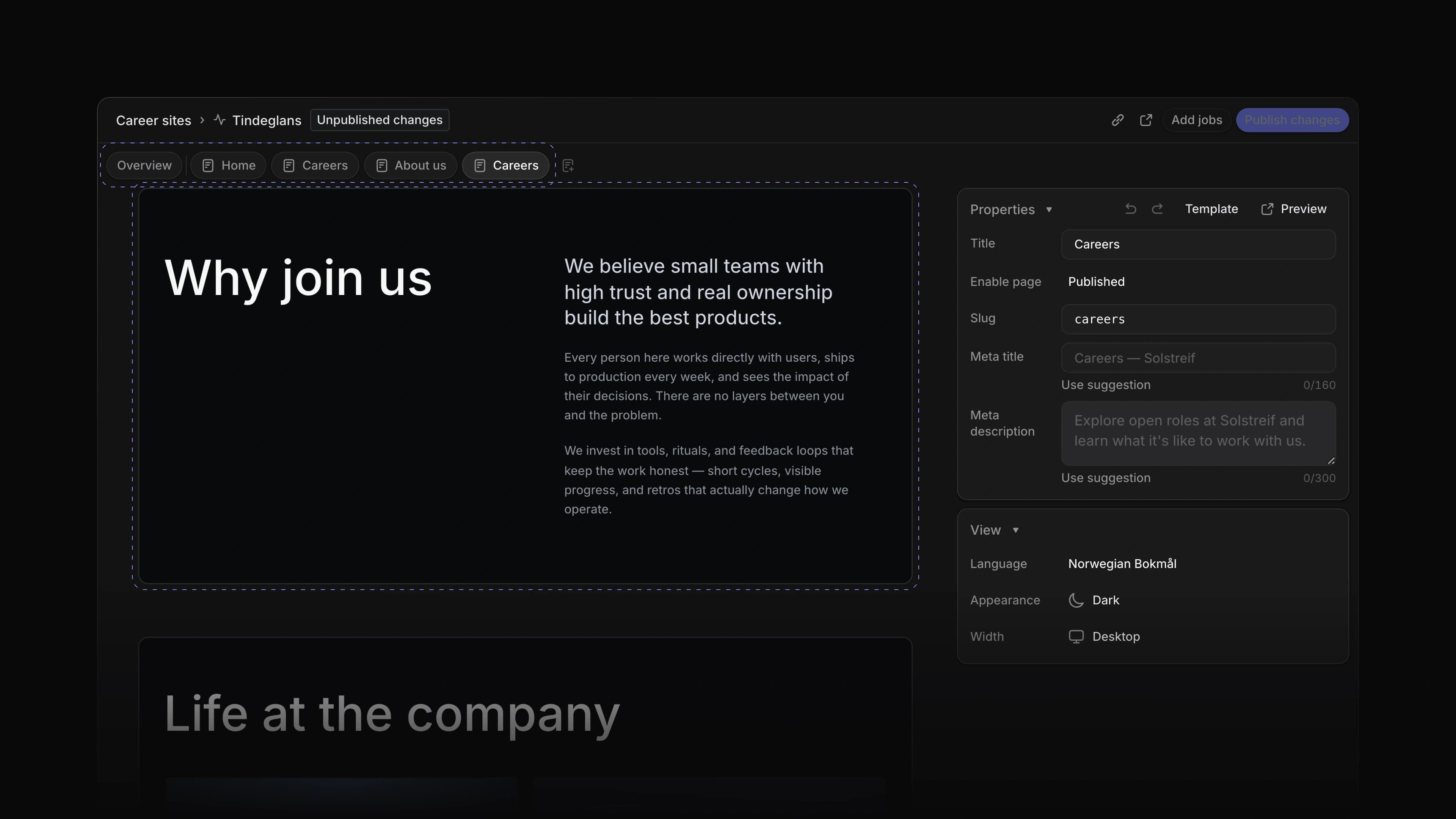 A career site page open in the page designer