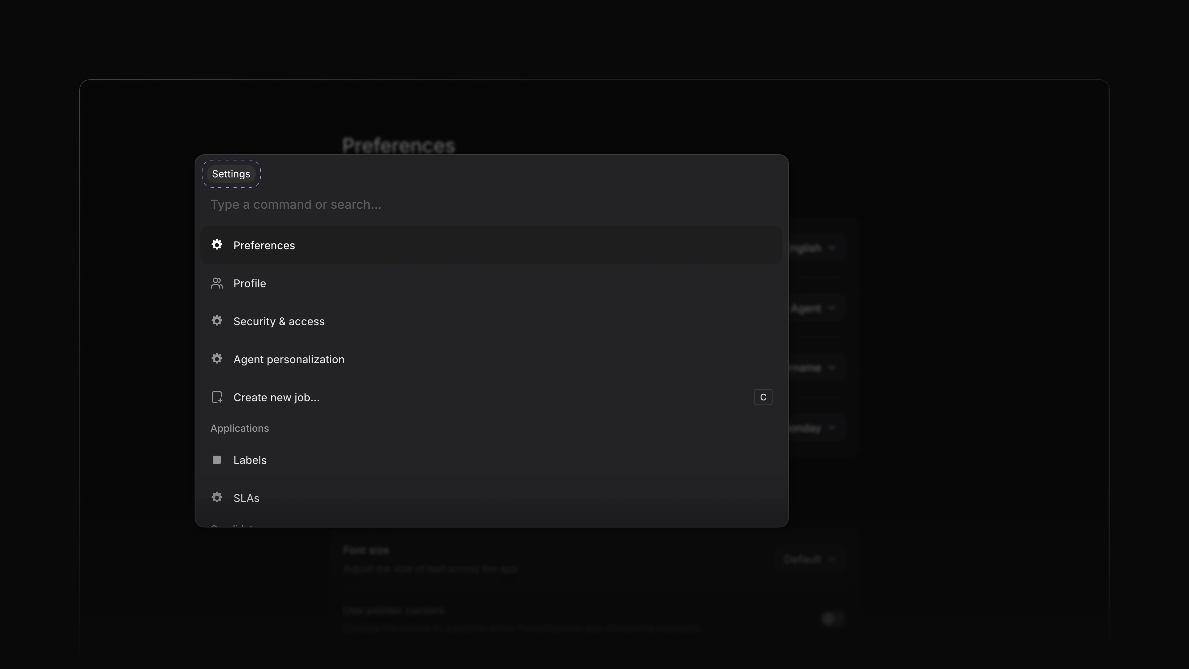 The command menu open over Settings, listing Preferences, Profile, Security & access, Agent personalization and Create new job...