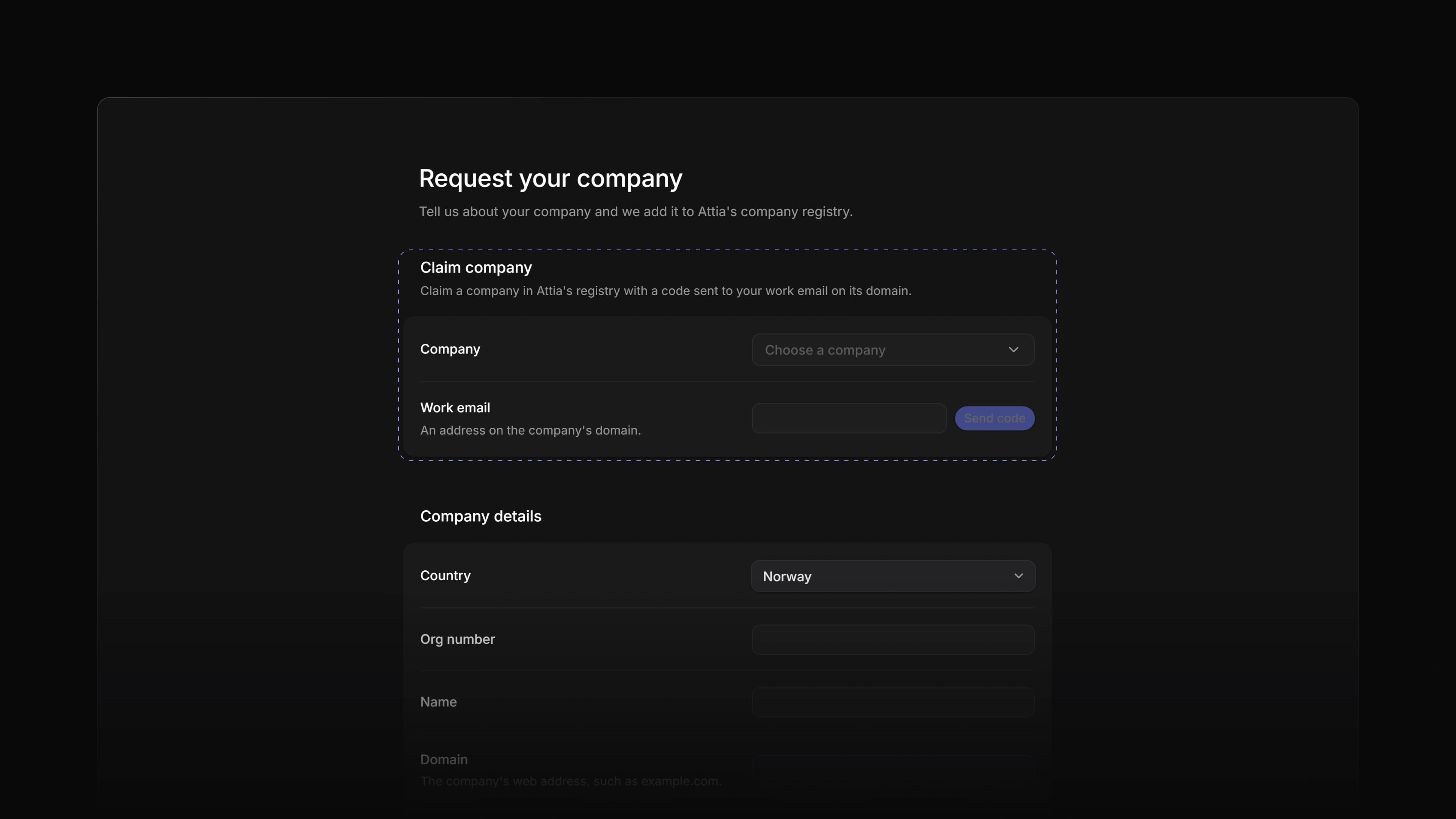 The Request your company page in Settings with the Claim company section marked: a Company picker set to Choose a company, and a Work email field with a Send code button