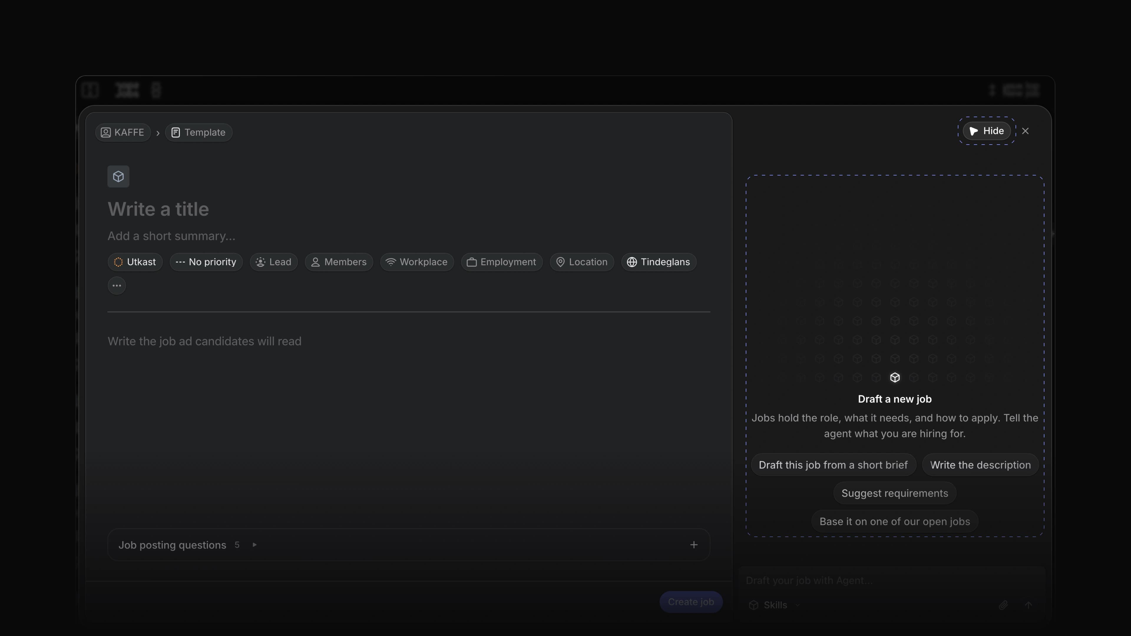 The Create job dialog with the Create with Agent panel open beside the form and its suggestions