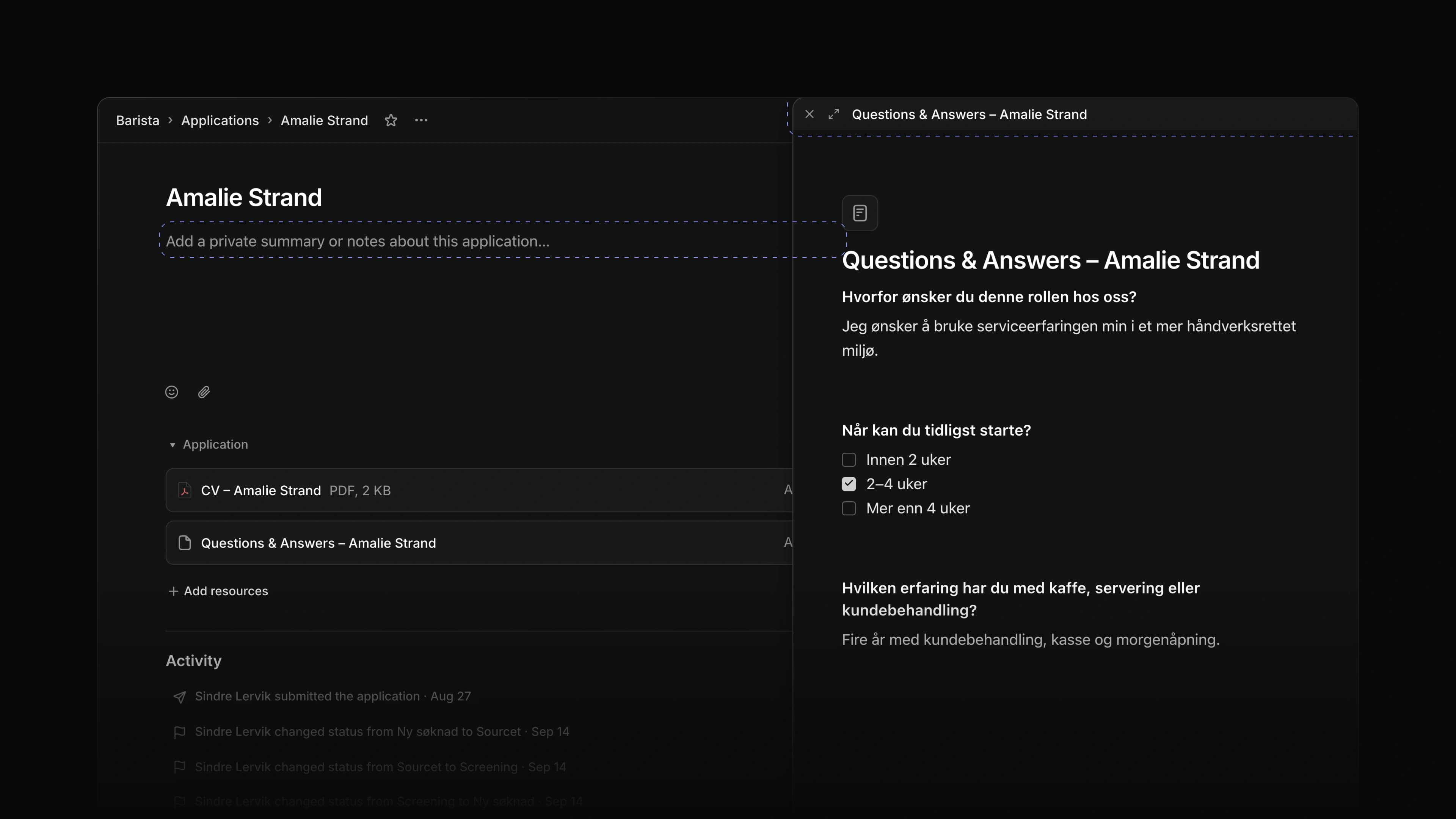 An application page with Questions & Answers open in a window docked on the right, and the empty notes field on the left