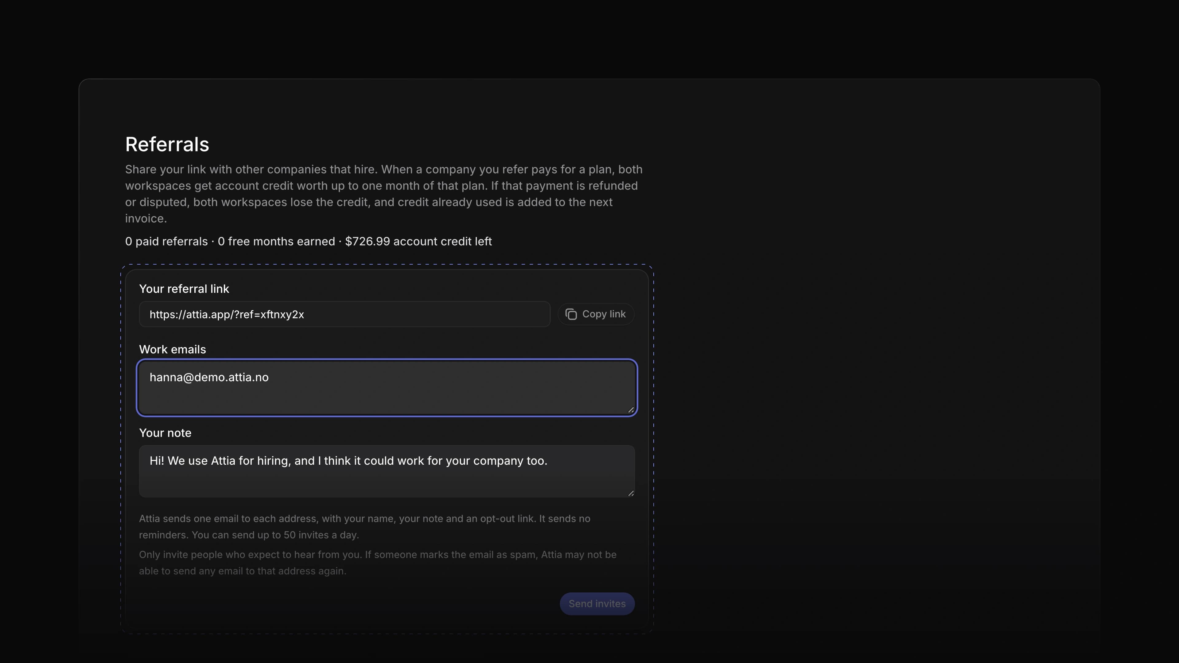The Referrals page in Settings, with your referral link, a Copy link button, a work email typed in and your note below it