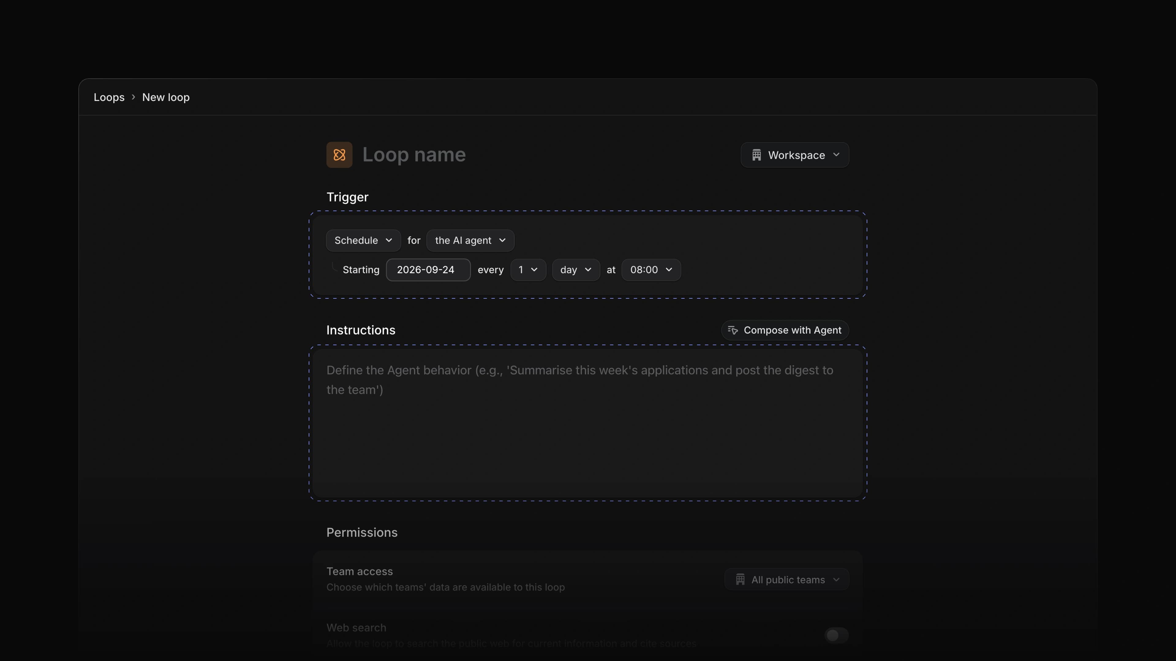 The New loop form with its trigger and instructions