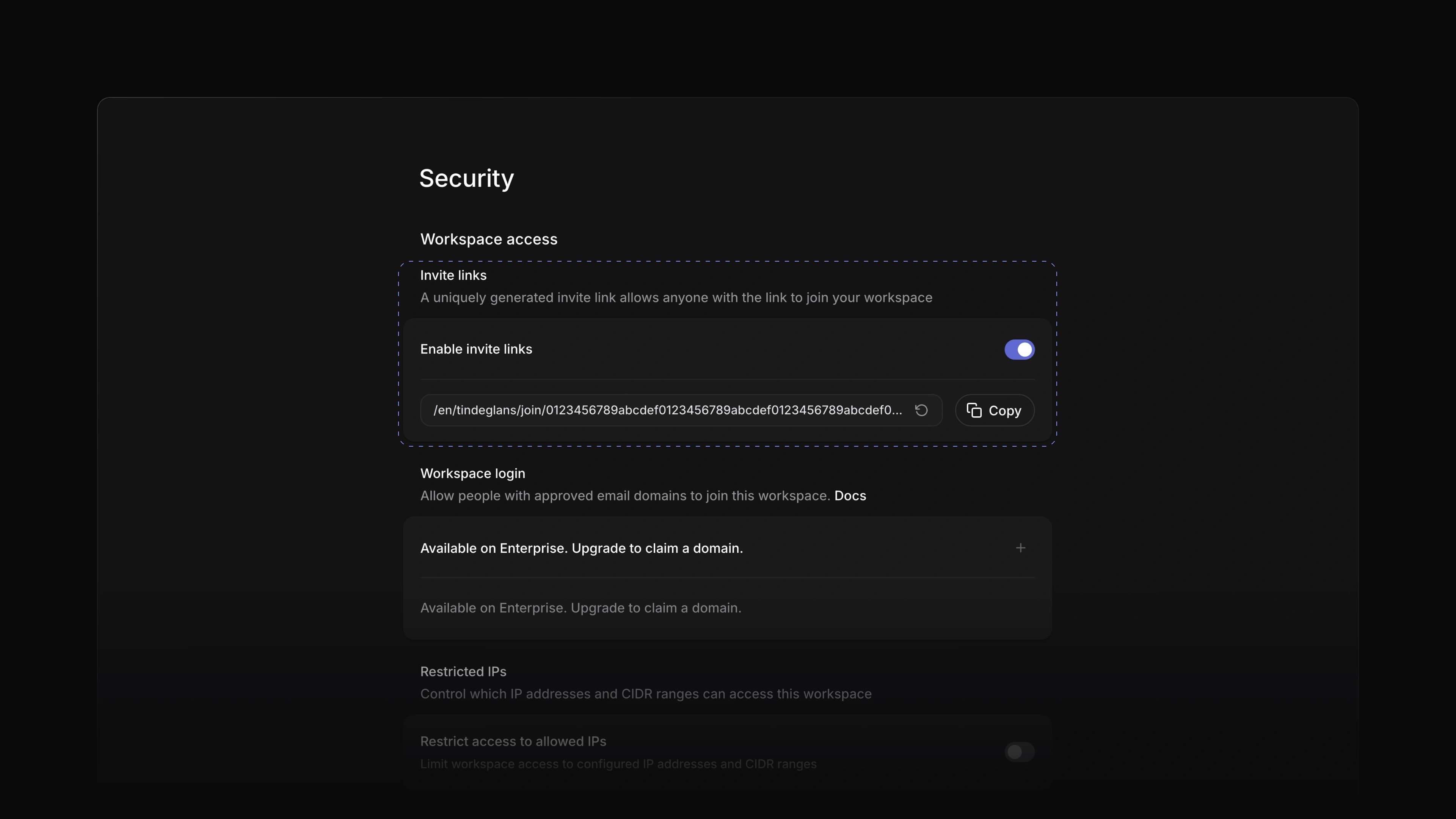 The Invite links card on the Security page in Settings, with Enable invite links turned on