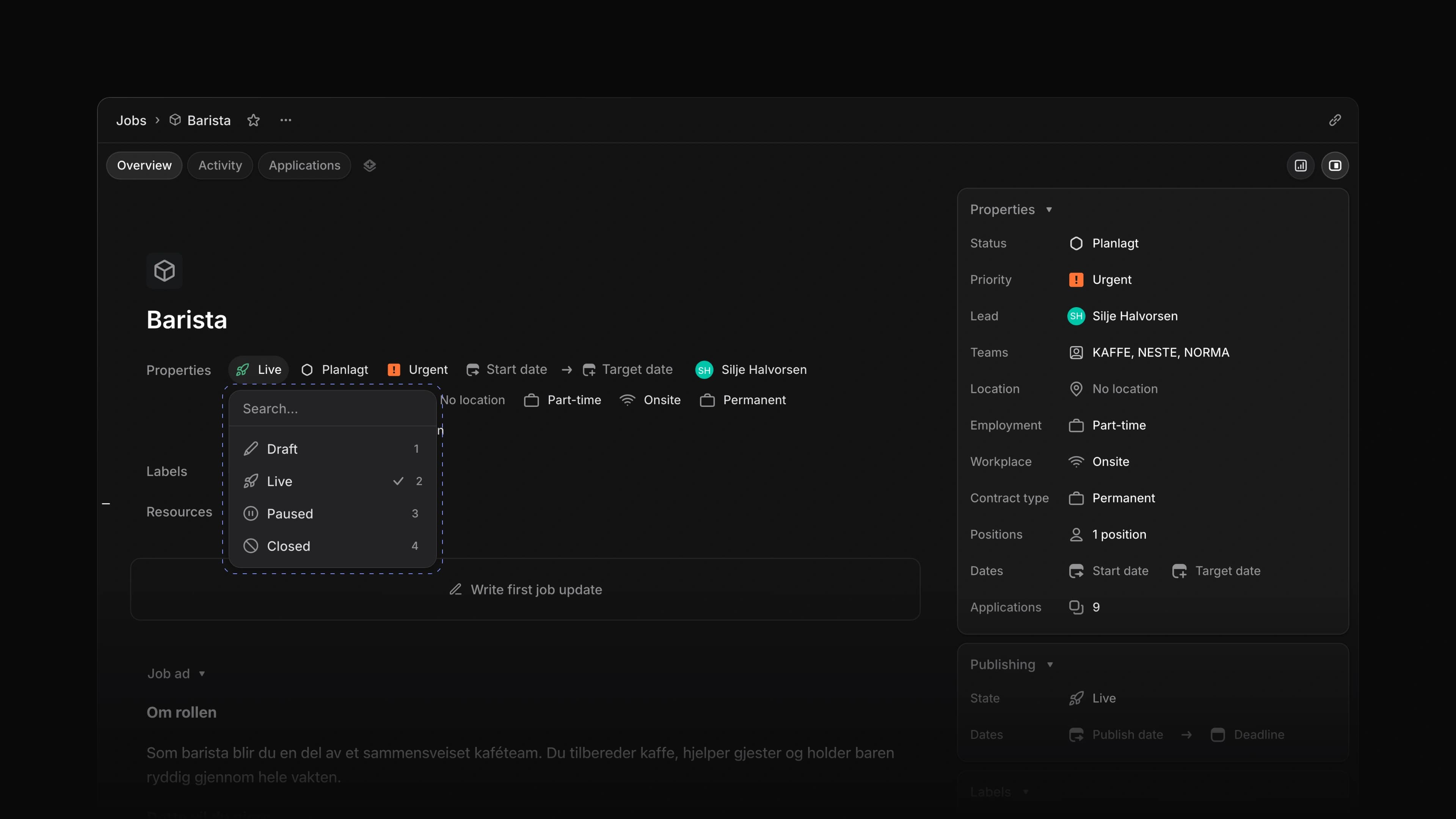 A job page with the publish menu open, showing Draft, Live, Paused and Closed