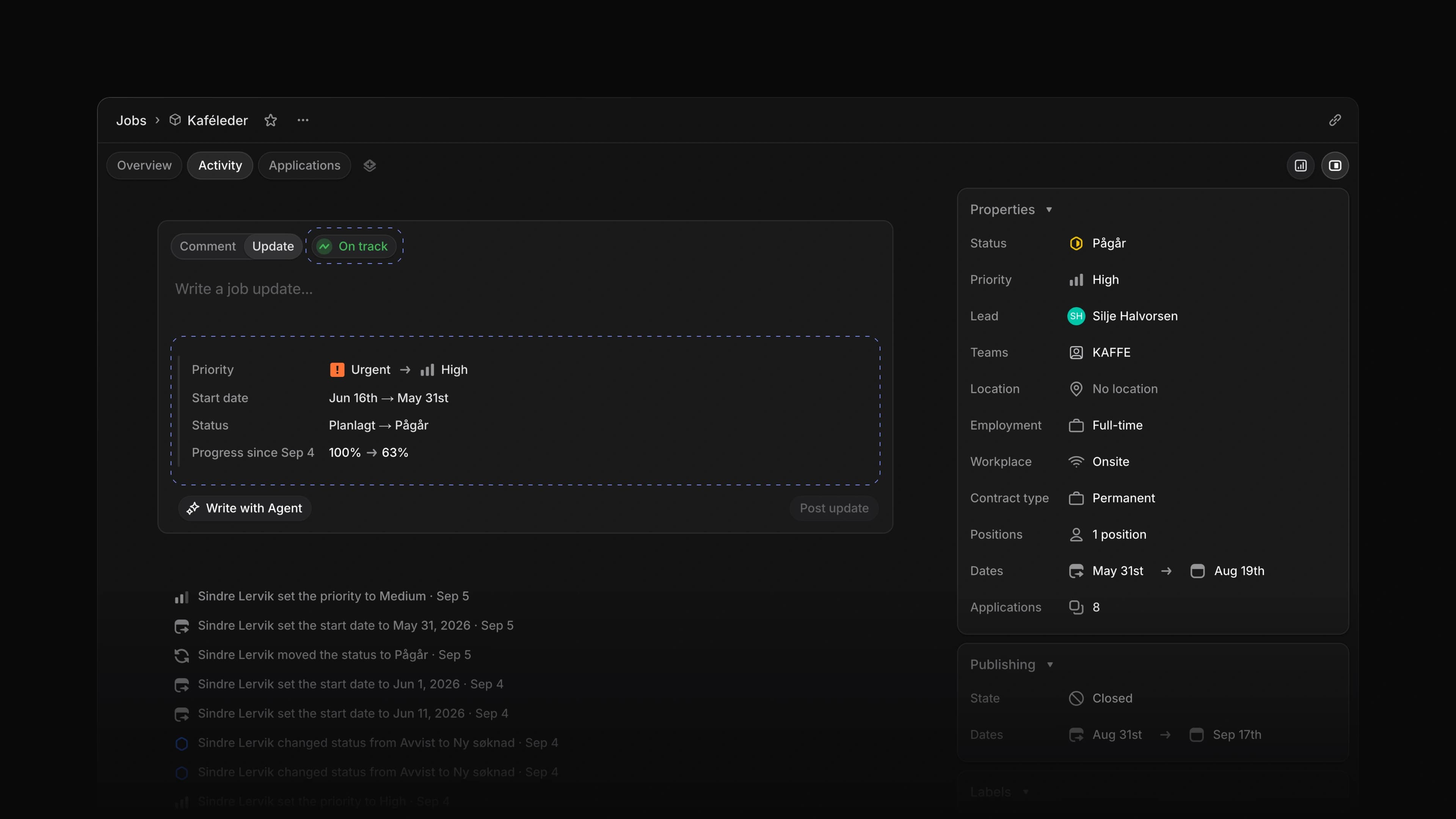 A job's Activity tab with Update chosen, On track set as the health and the changes since the last update listed