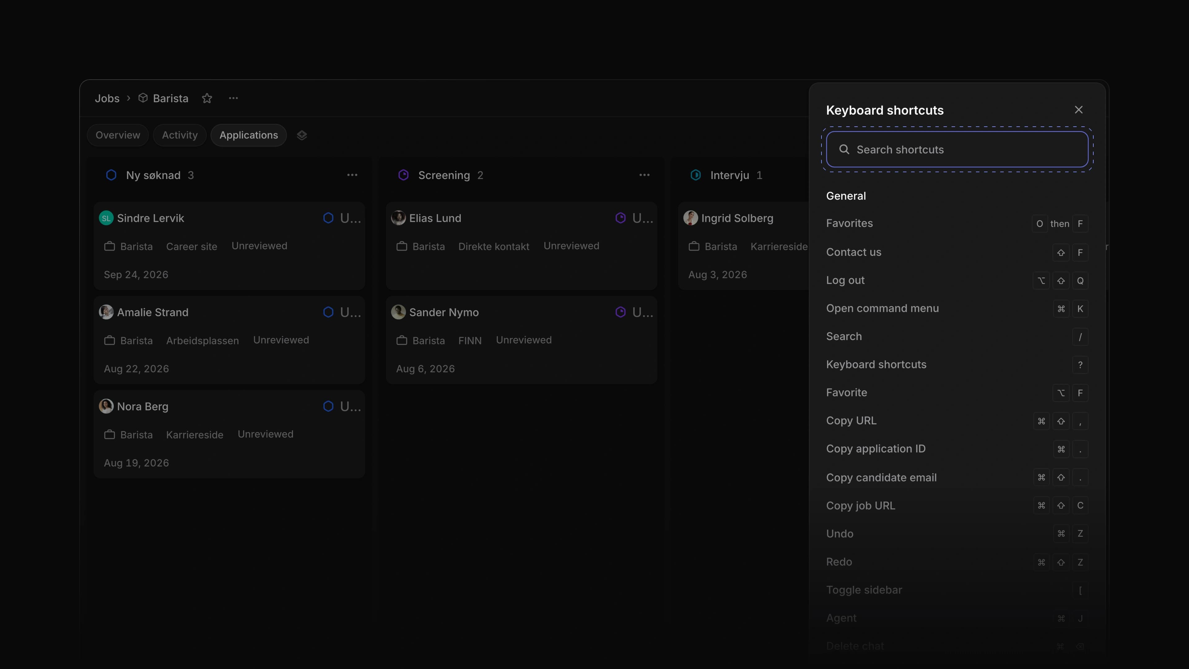 The Keyboard shortcuts panel open on the right of the Barista job's applications board, with a search field and the General keys such as Favorites, Contact us and Log out