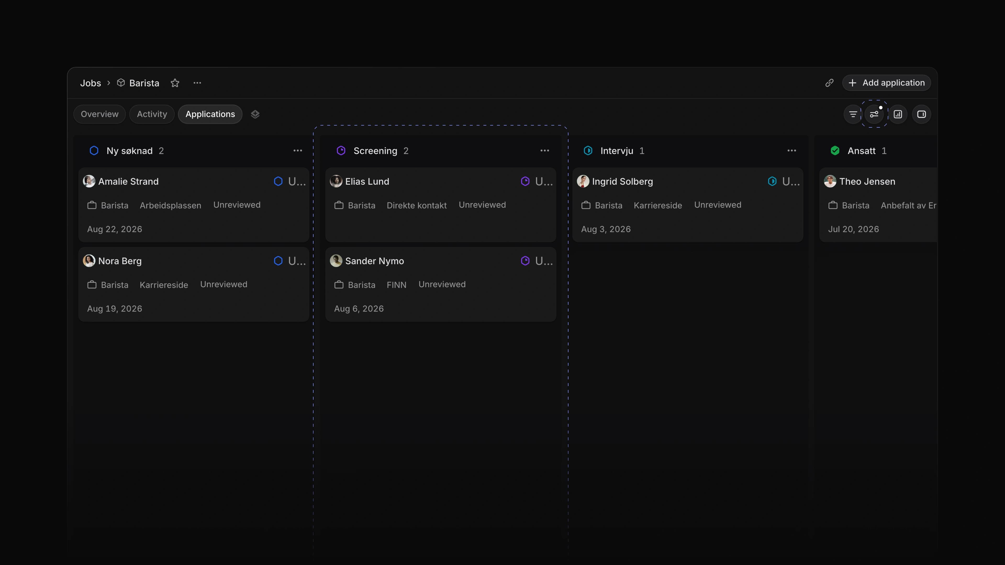 Applications on a board, one column per status
