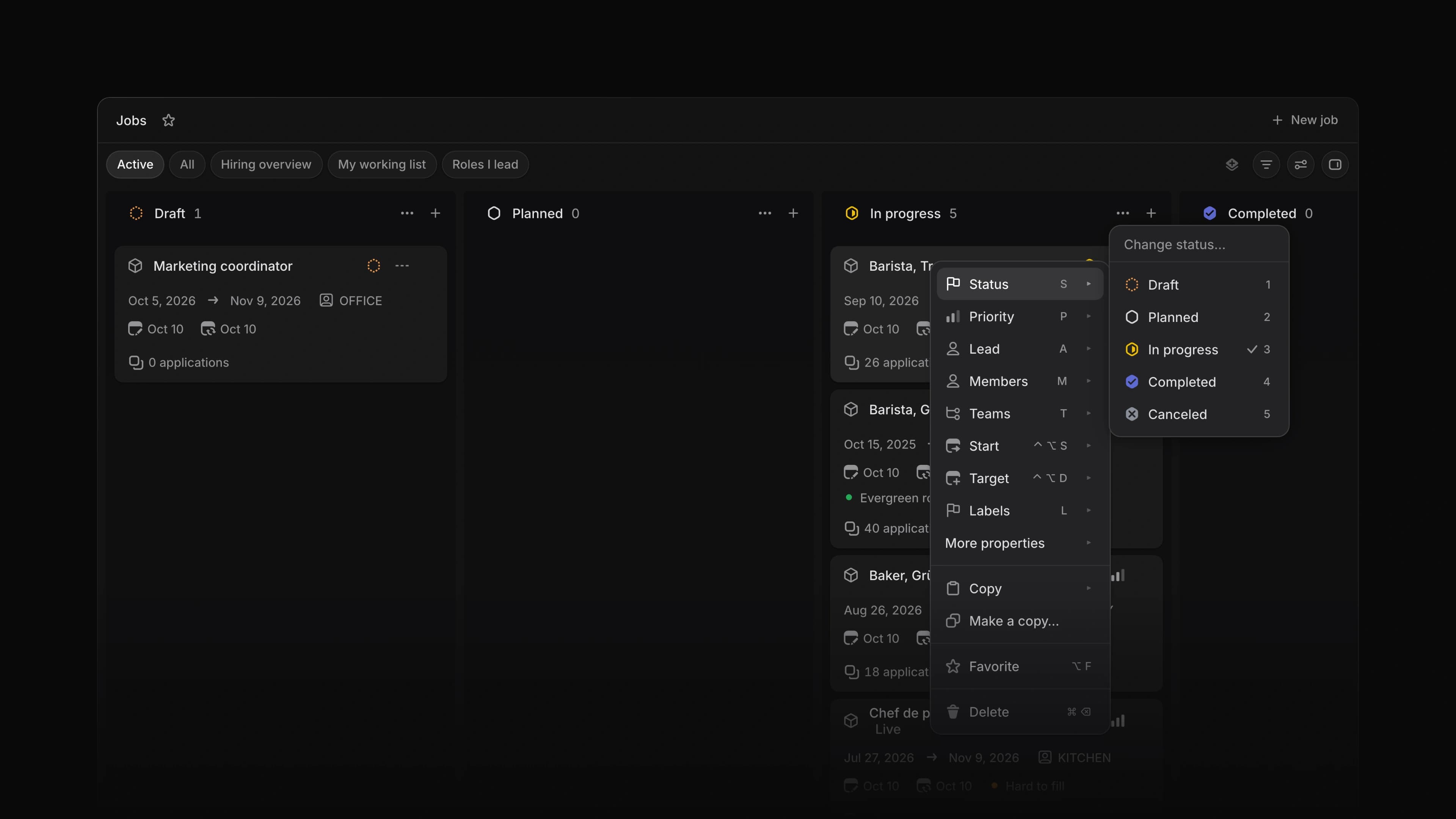 The Jobs board with a job's row menu open and its Status submenu showing every status, with a check next to the current one