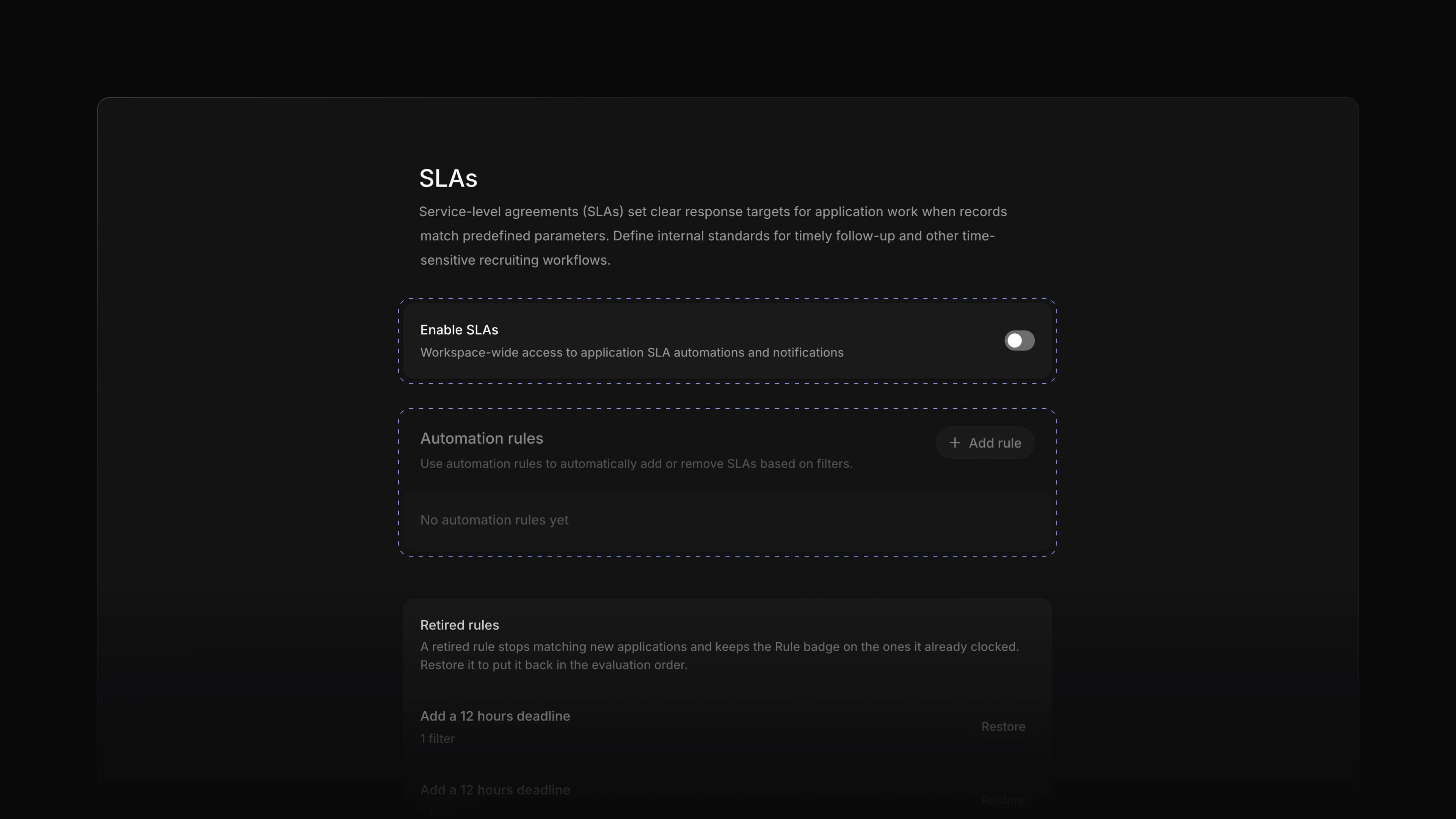 The SLAs page in Settings with its automation rules