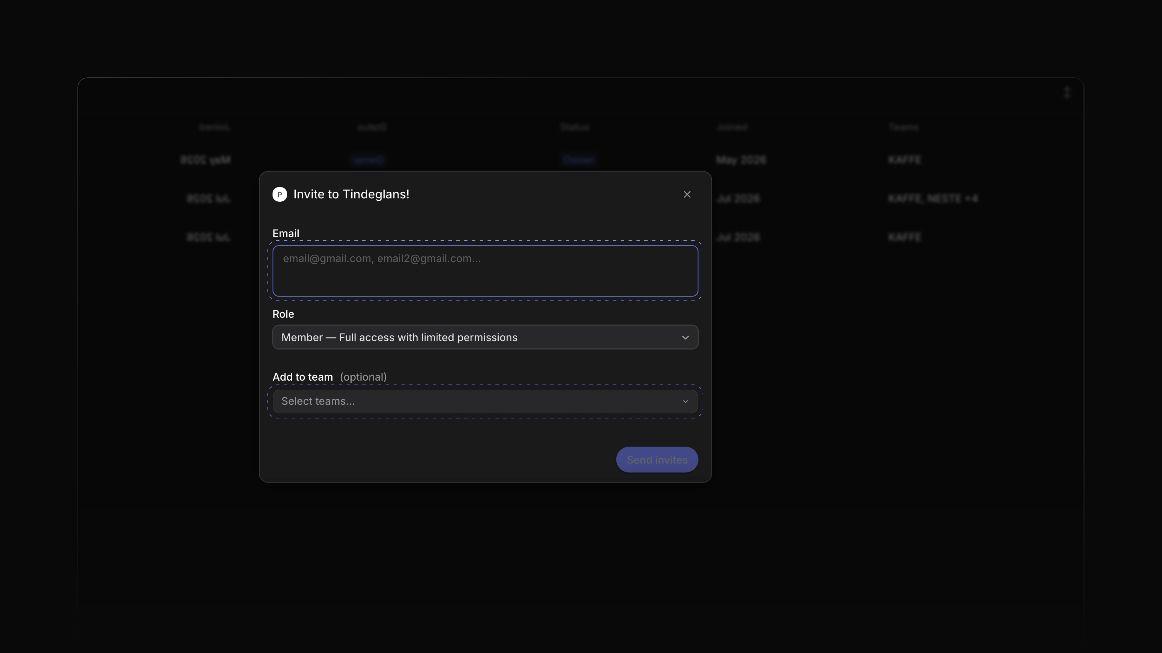The Invite members dialog with Email, Role and Add to team