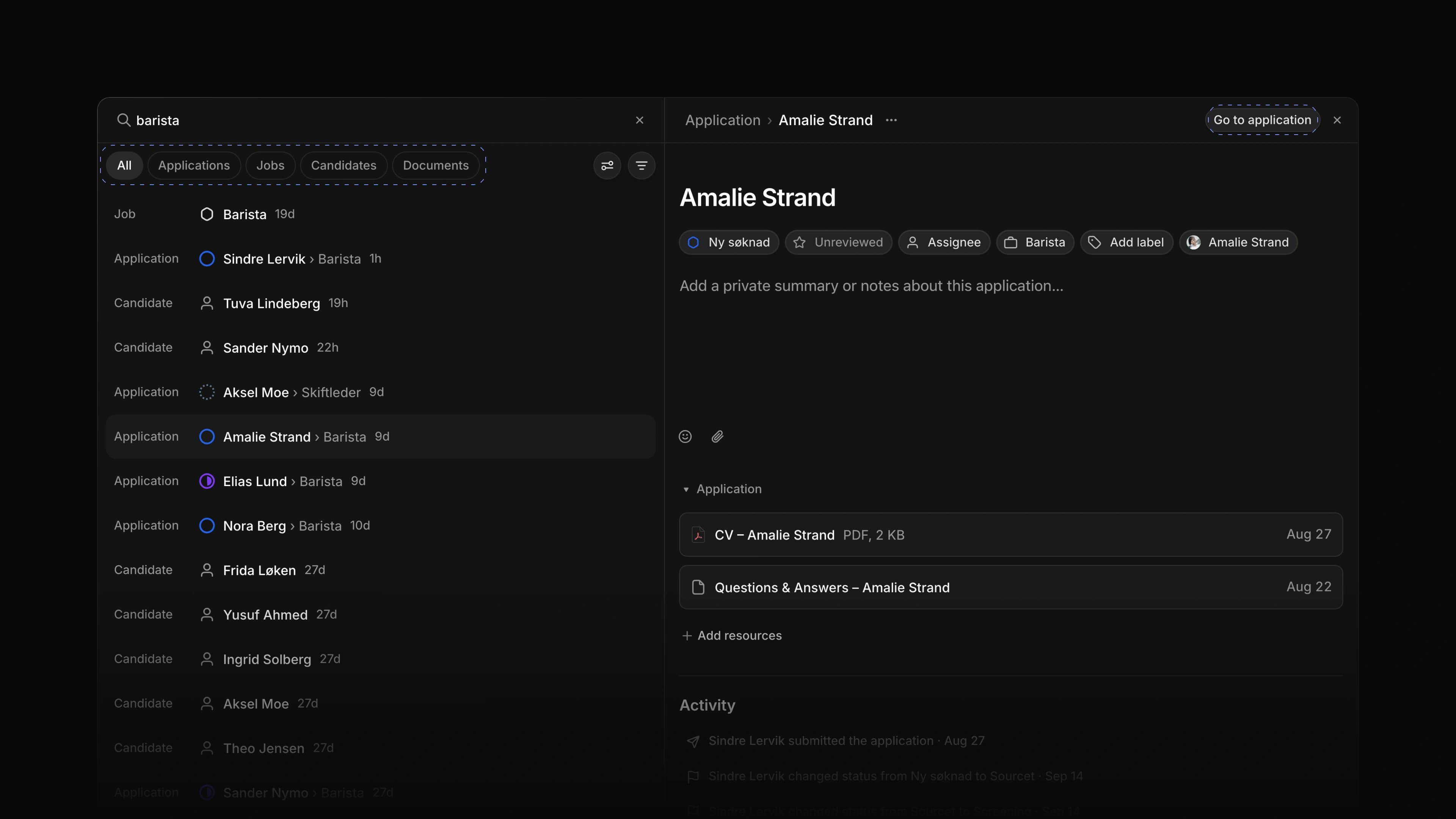 The search page with results for barista on the left and an application open in the preview on the right