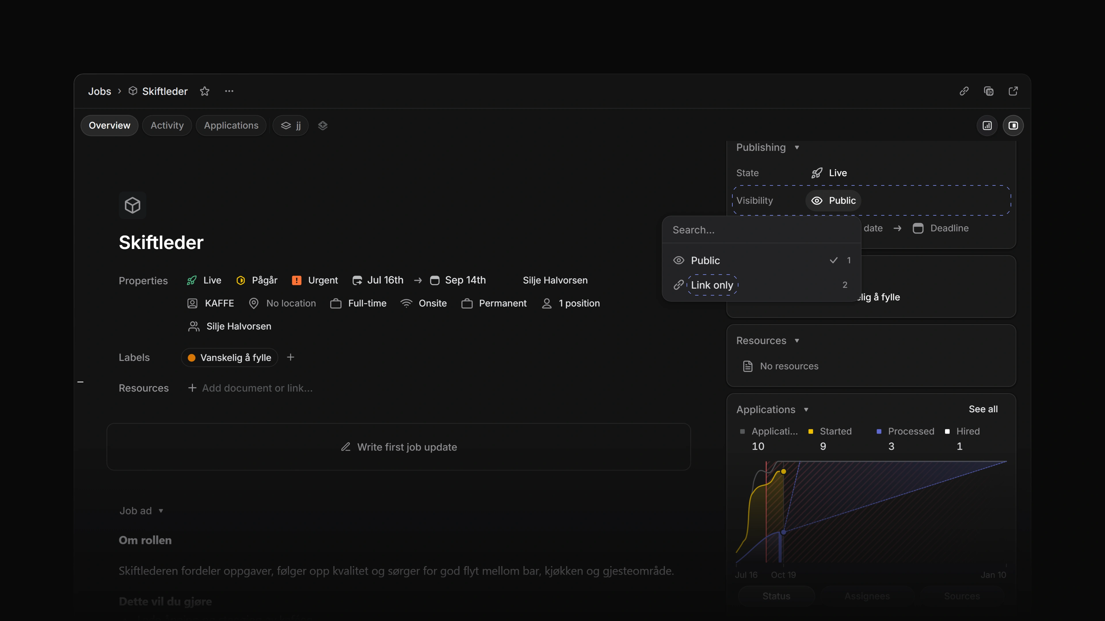 Kortet Publisering på en aktiv jobb med raden Synlighet åpen, med valgene Offentlig og Bare med lenke