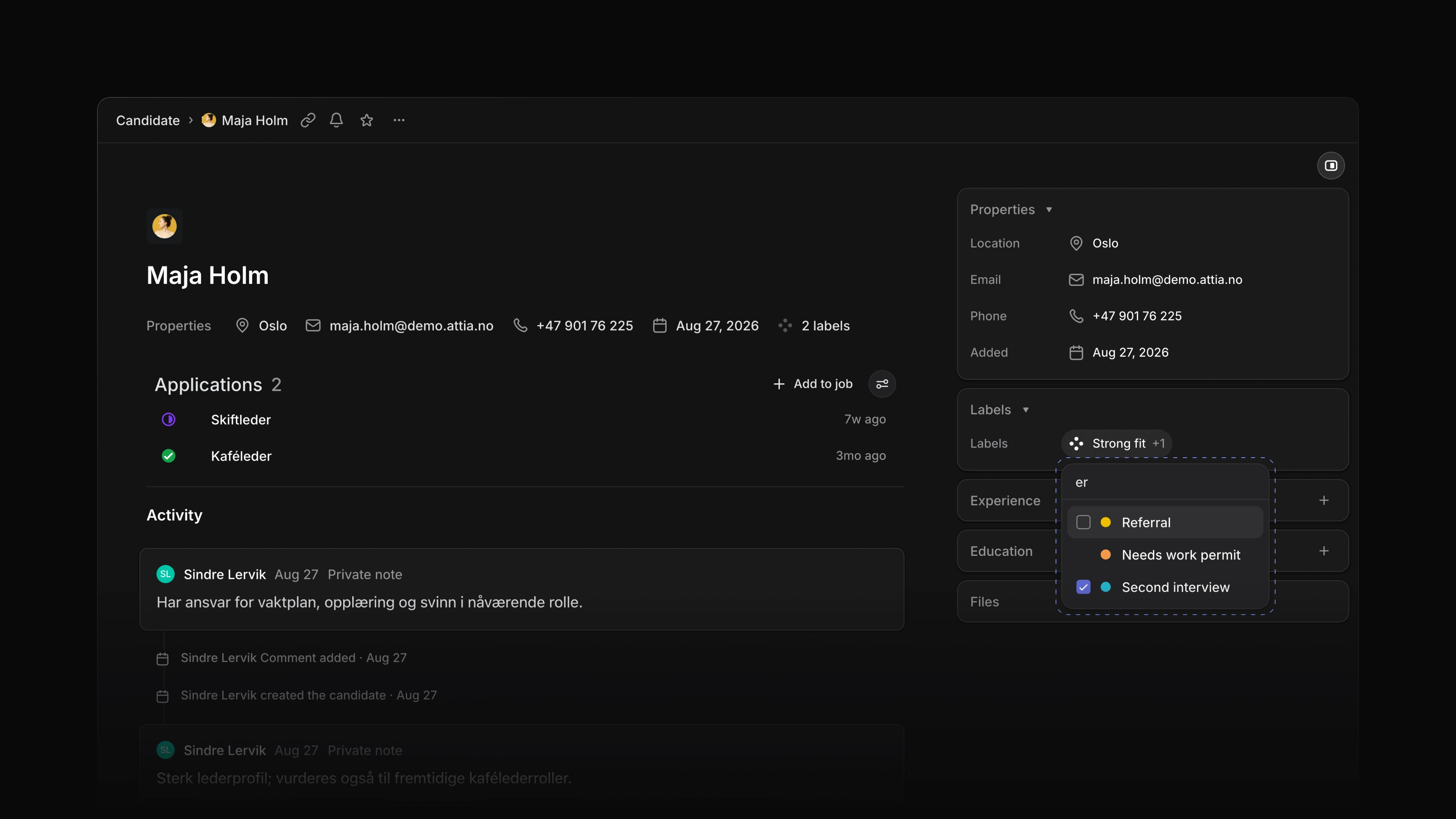 Maja Holm's candidate page with the Labels list open, Second interview ticked, and Referral and Needs work permit ready to pick