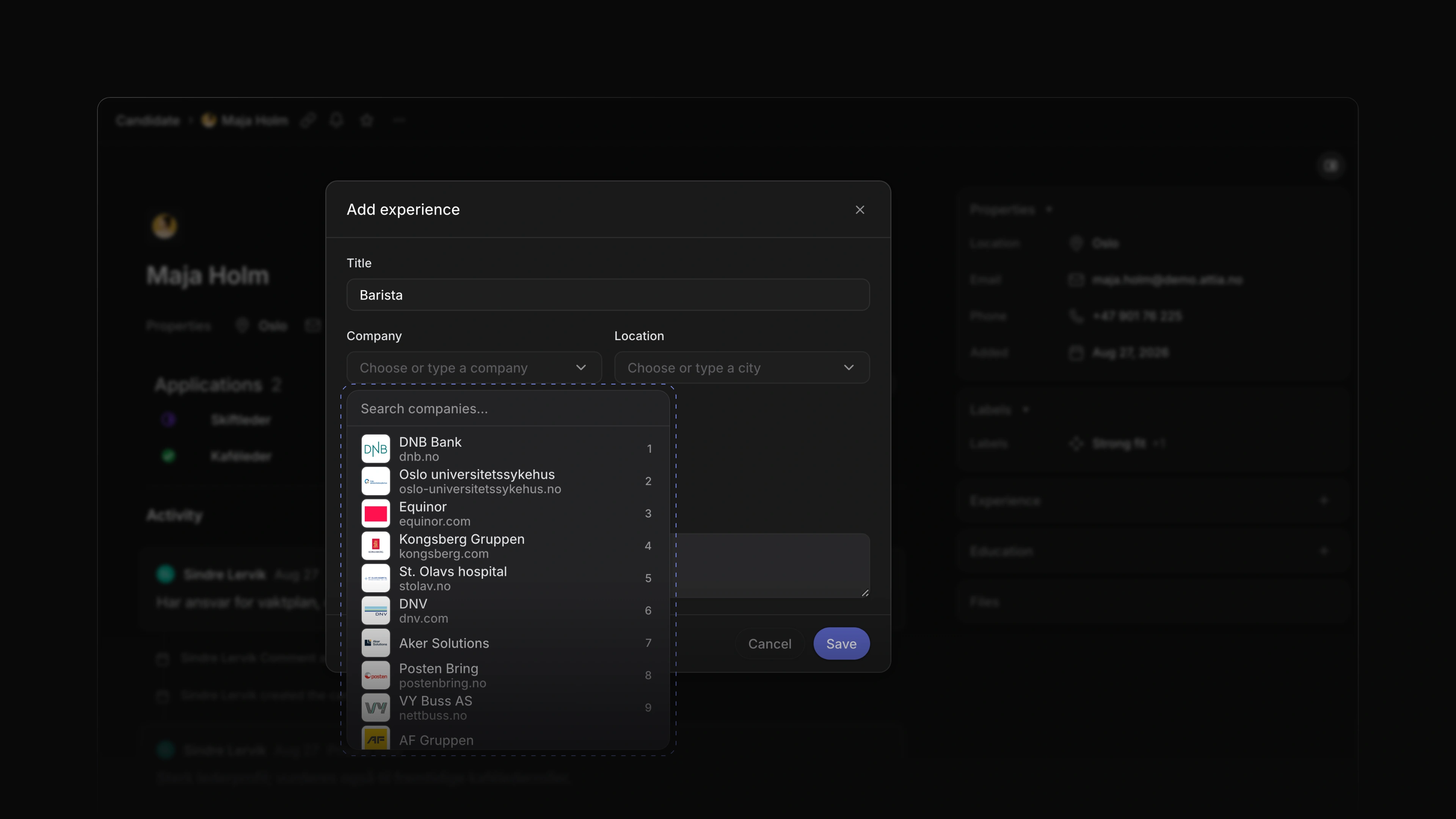 The Add experience dialog for a barista, with the company list open on DNB Bank, Equinor, DNV and other Norwegian companies, each with its logo and web address