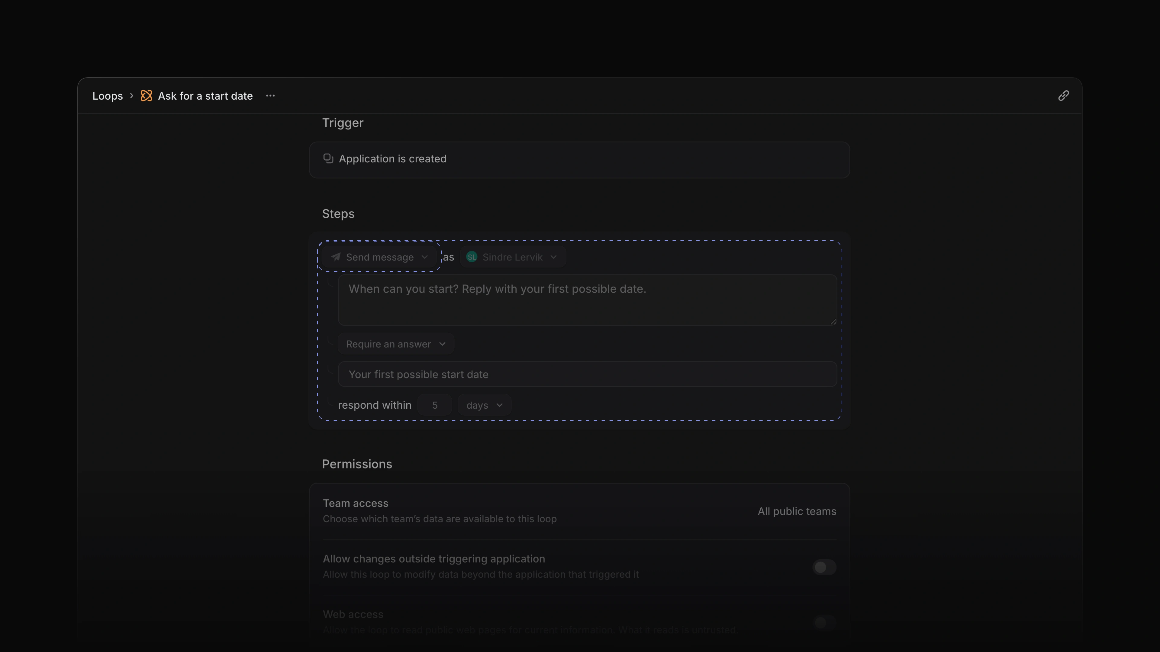 A Loop with a Send message step that requires an answer