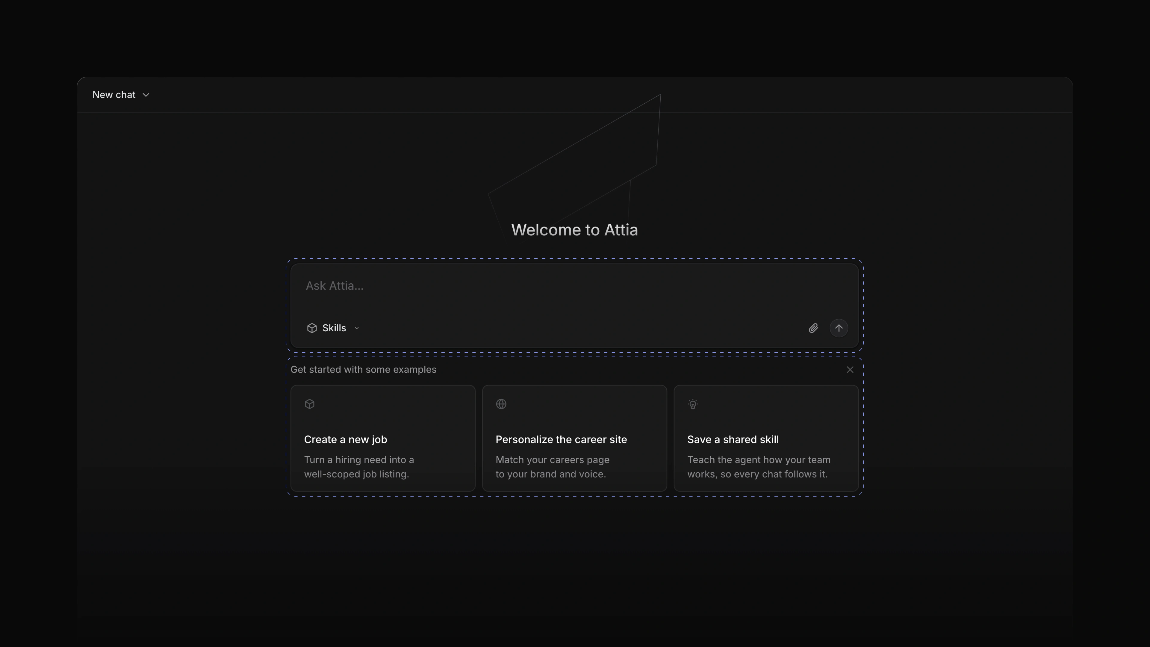 The Agent page with Welcome to Attia, the Ask Attia chat box and the example cards