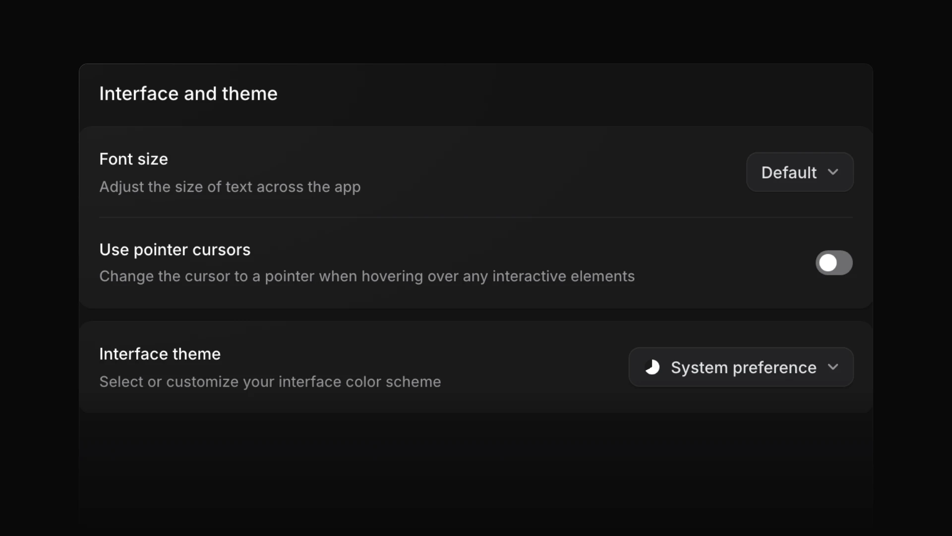 The Interface and theme section in Preferences