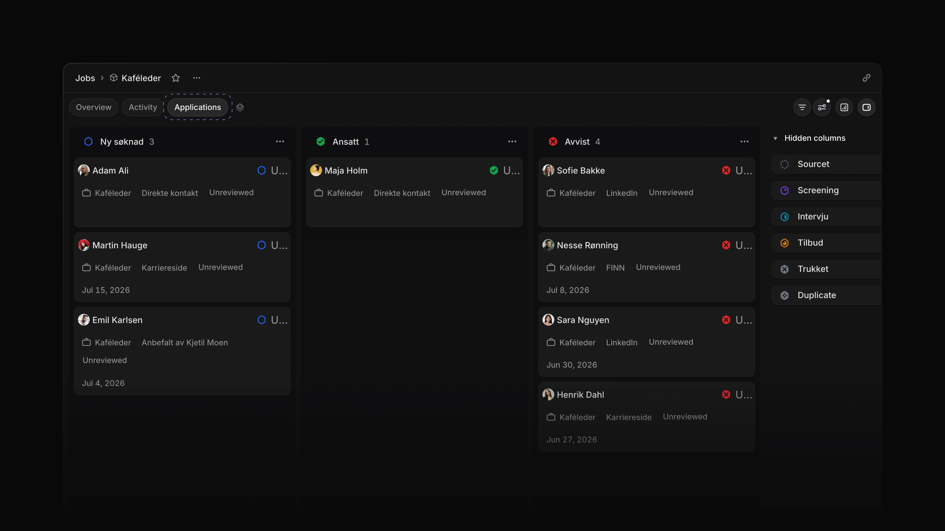 The Applications tab of the Kaféleder job as a board, with columns for each status