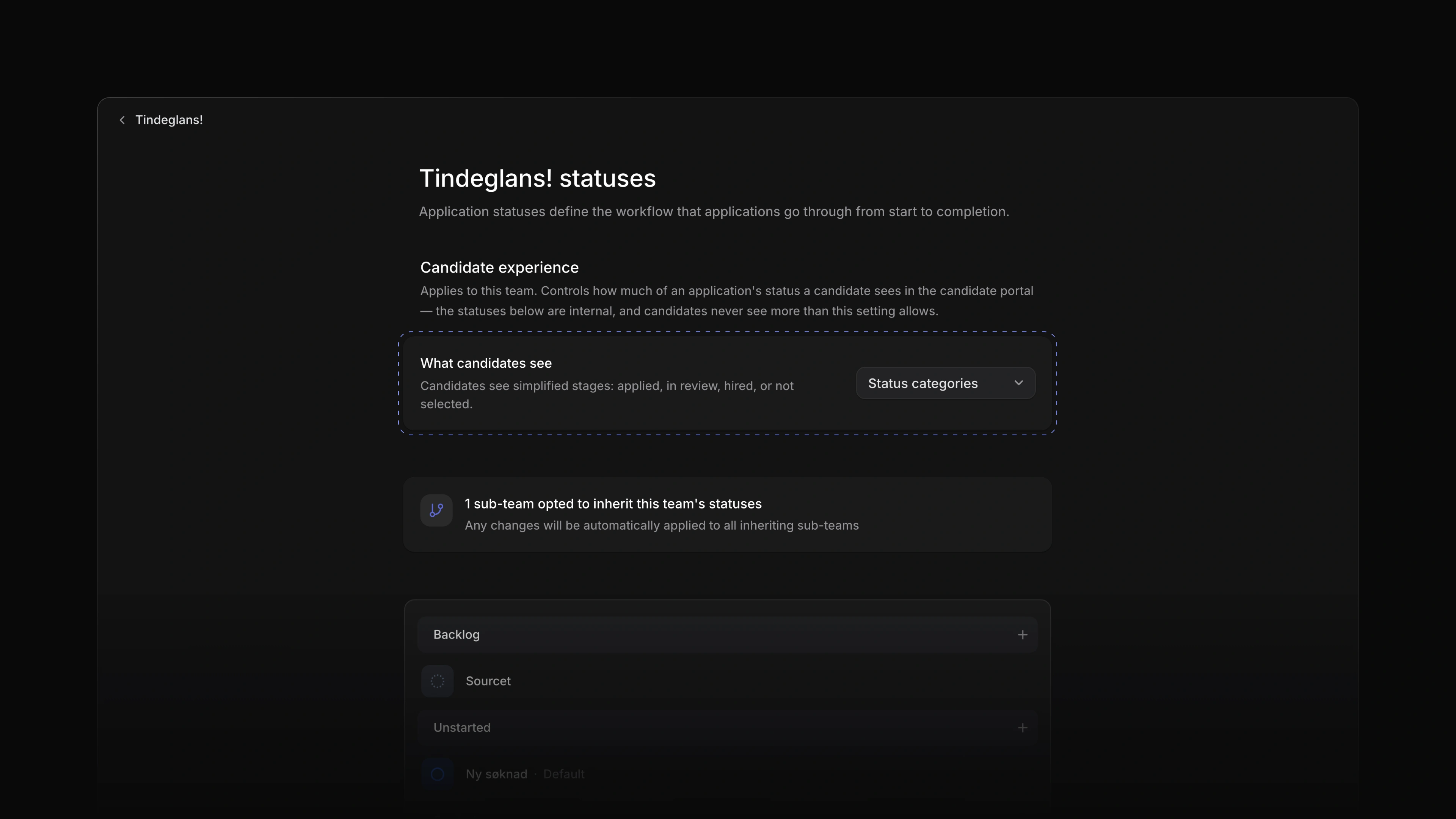 Innstillingen Hva kandidater ser på en statusside i Innstillinger, satt til Statuskategorier