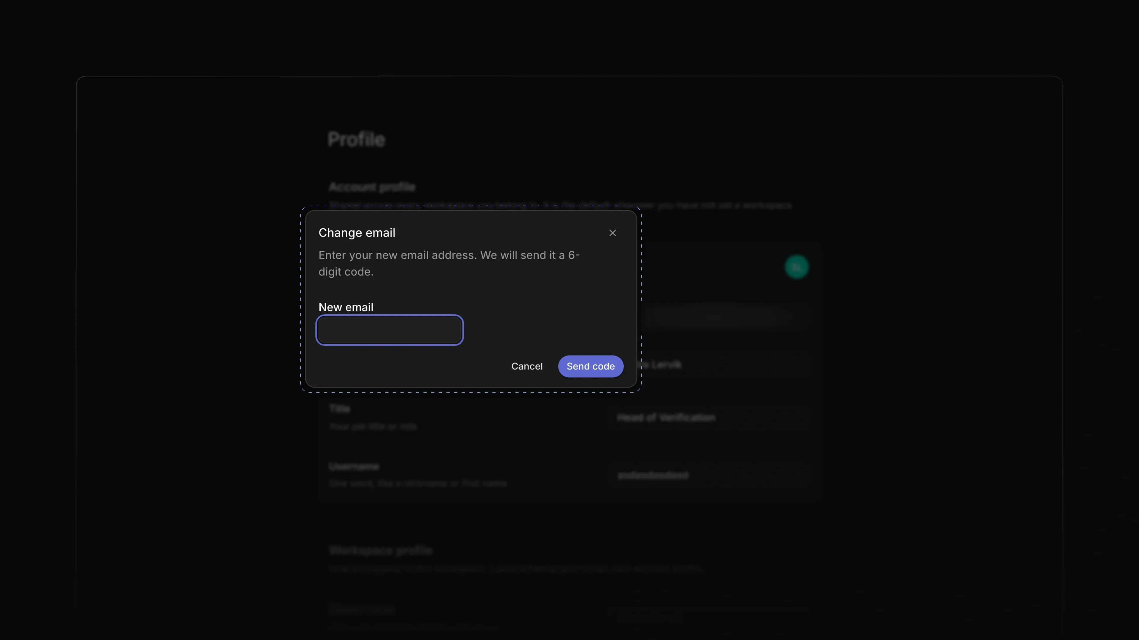 The Change email dialog on the Profile page, asking for the new email address before it sends a 6-digit code