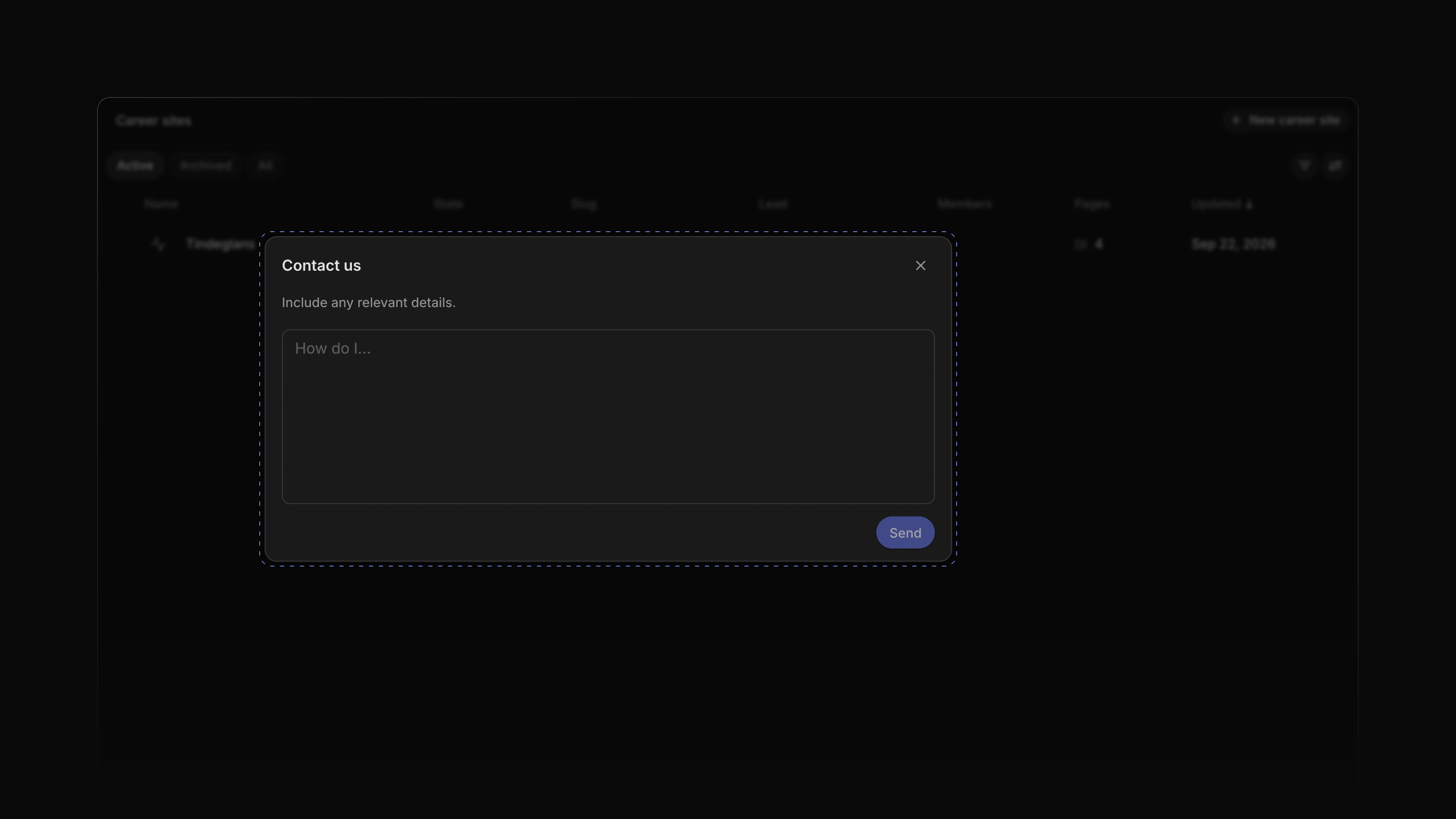 The Contact us dialog open over the Career sites page, with an empty message field and a Send button