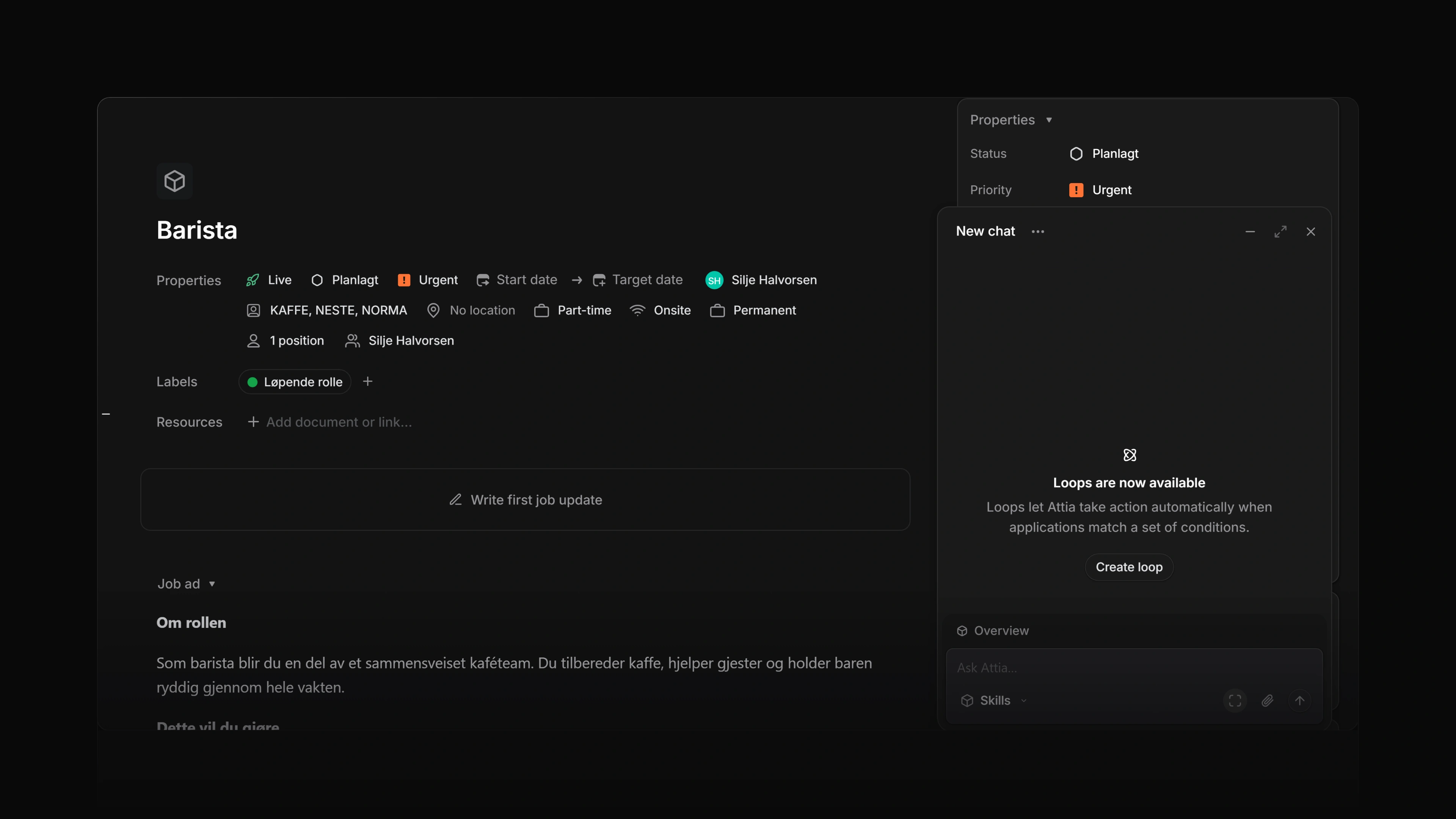 The Attia Agent chat panel open beside a job, with the page-context chip in the composer