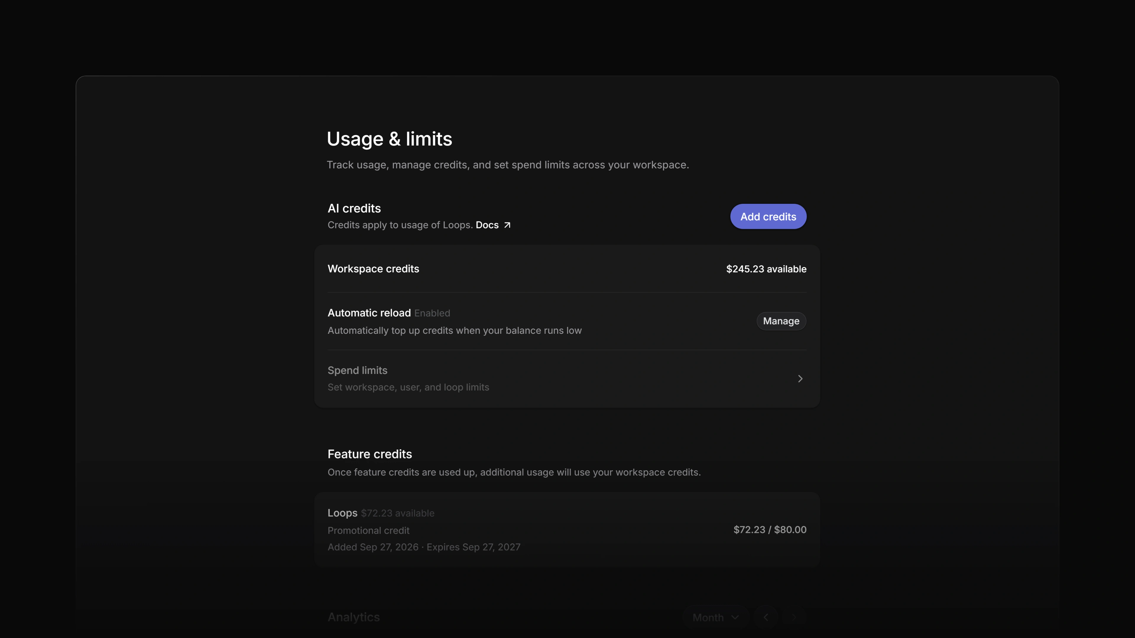The Usage & limits page with the AI credits section and the Add credits button