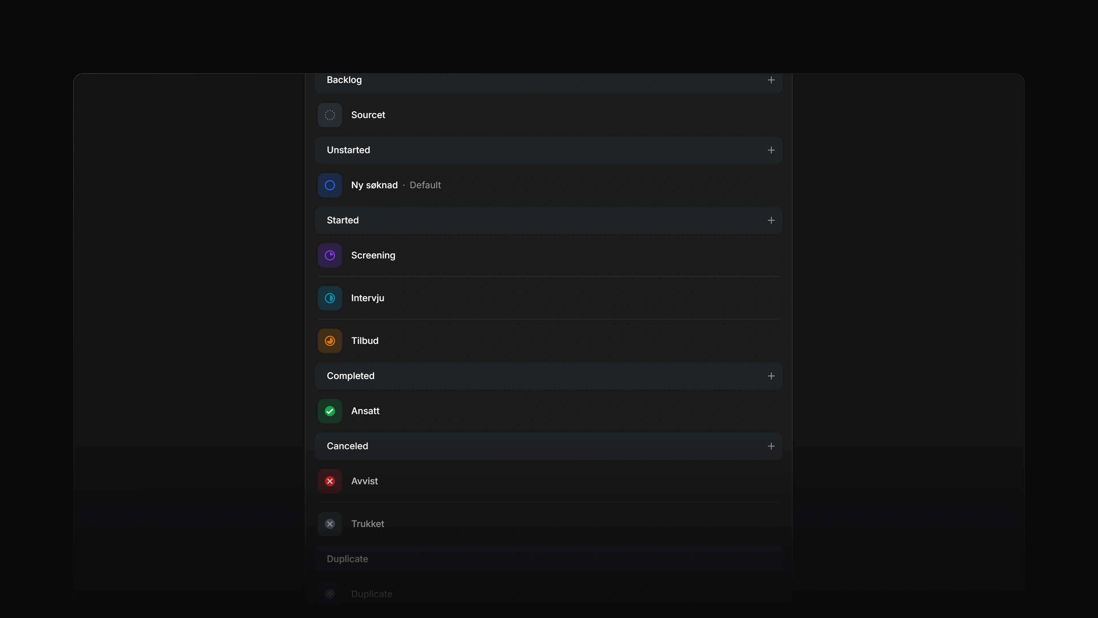 A team's statuses page with its six sections