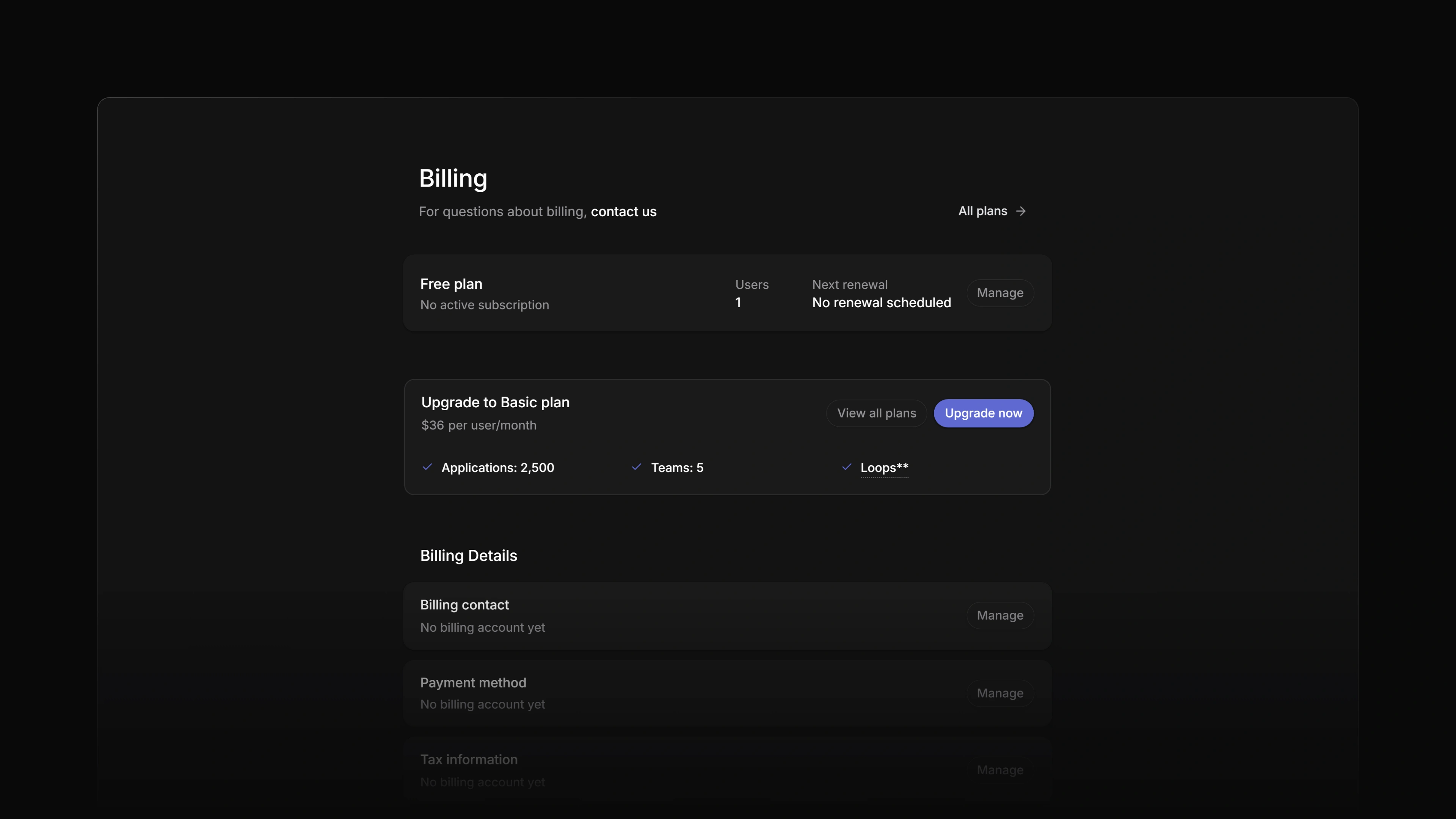 Settings → Billing with the plan summary and the billing rows