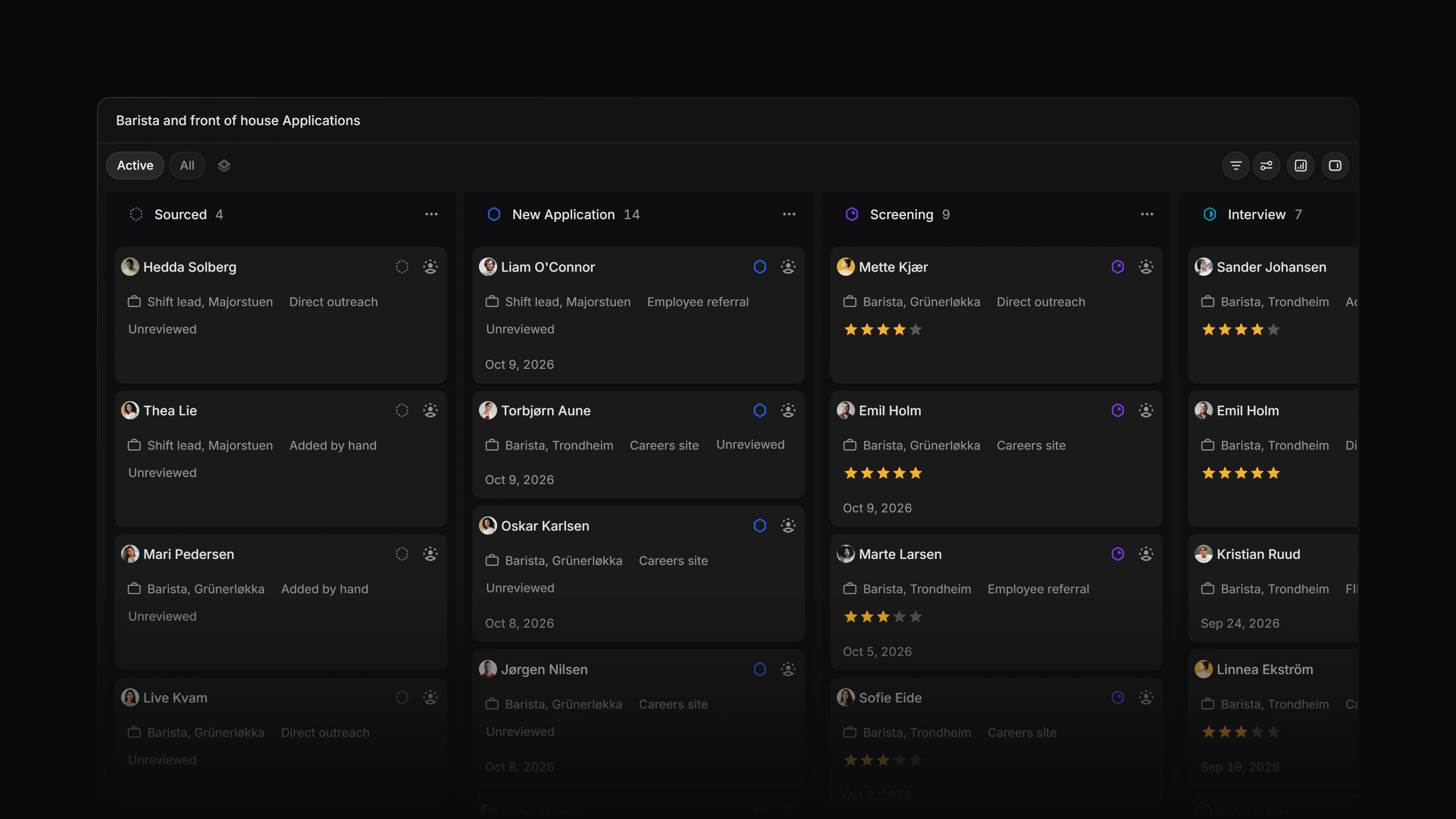 A team's Applications list in the board layout, one column per status