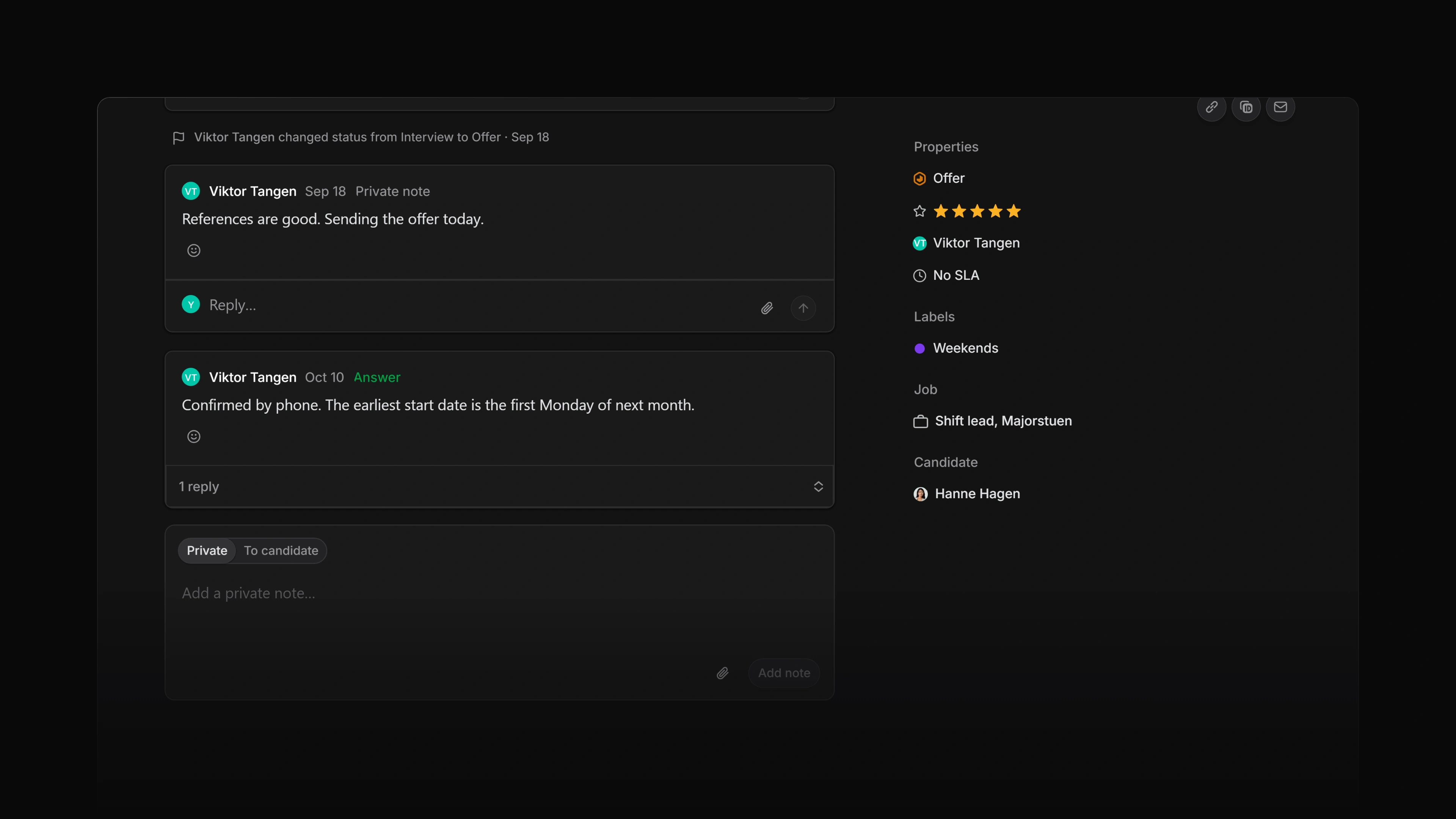 The Activity section of an application with a resolved note thread and its reply collapsed