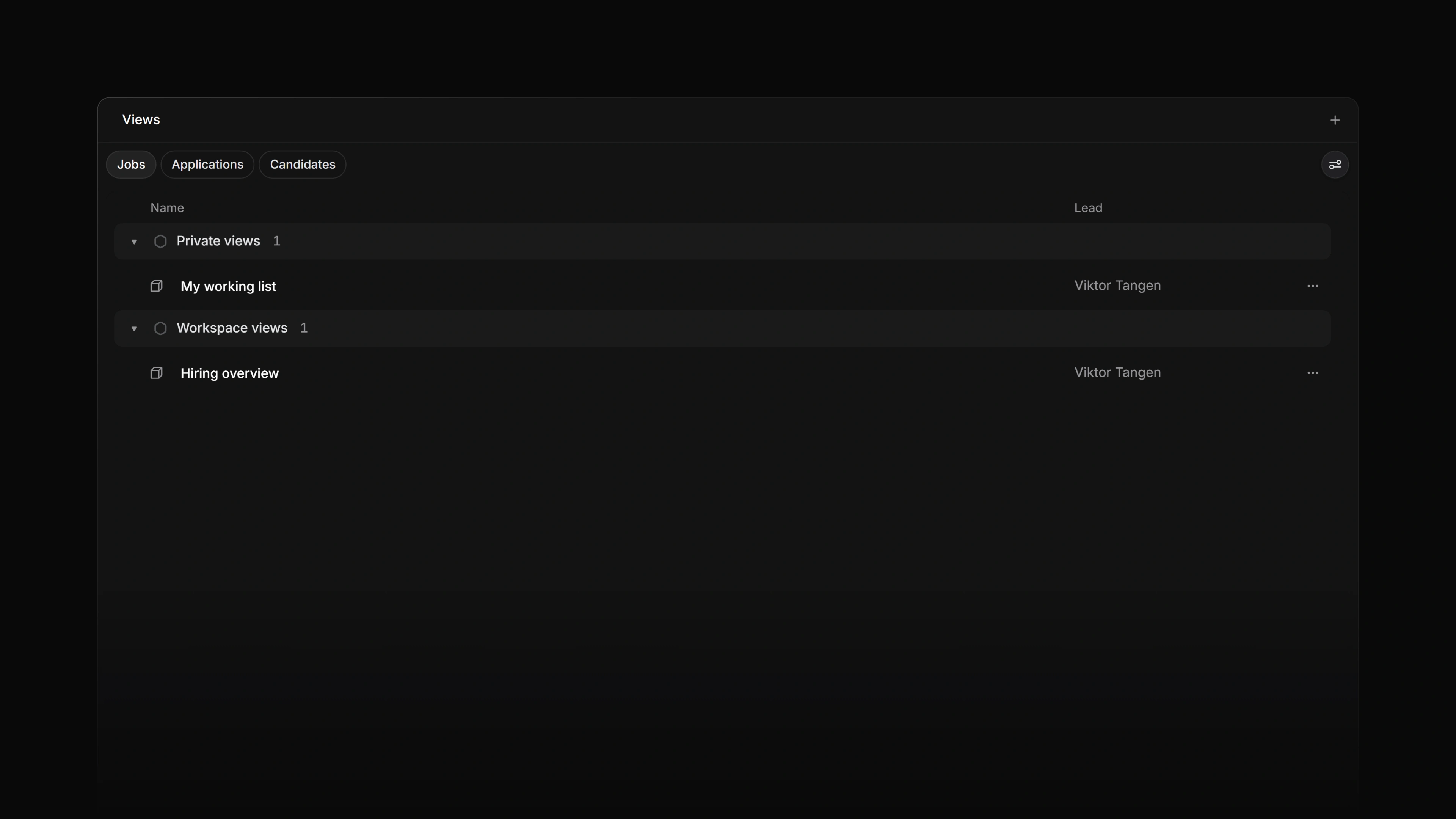 The Views page on the Jobs tab, with one private view and one workspace view listed