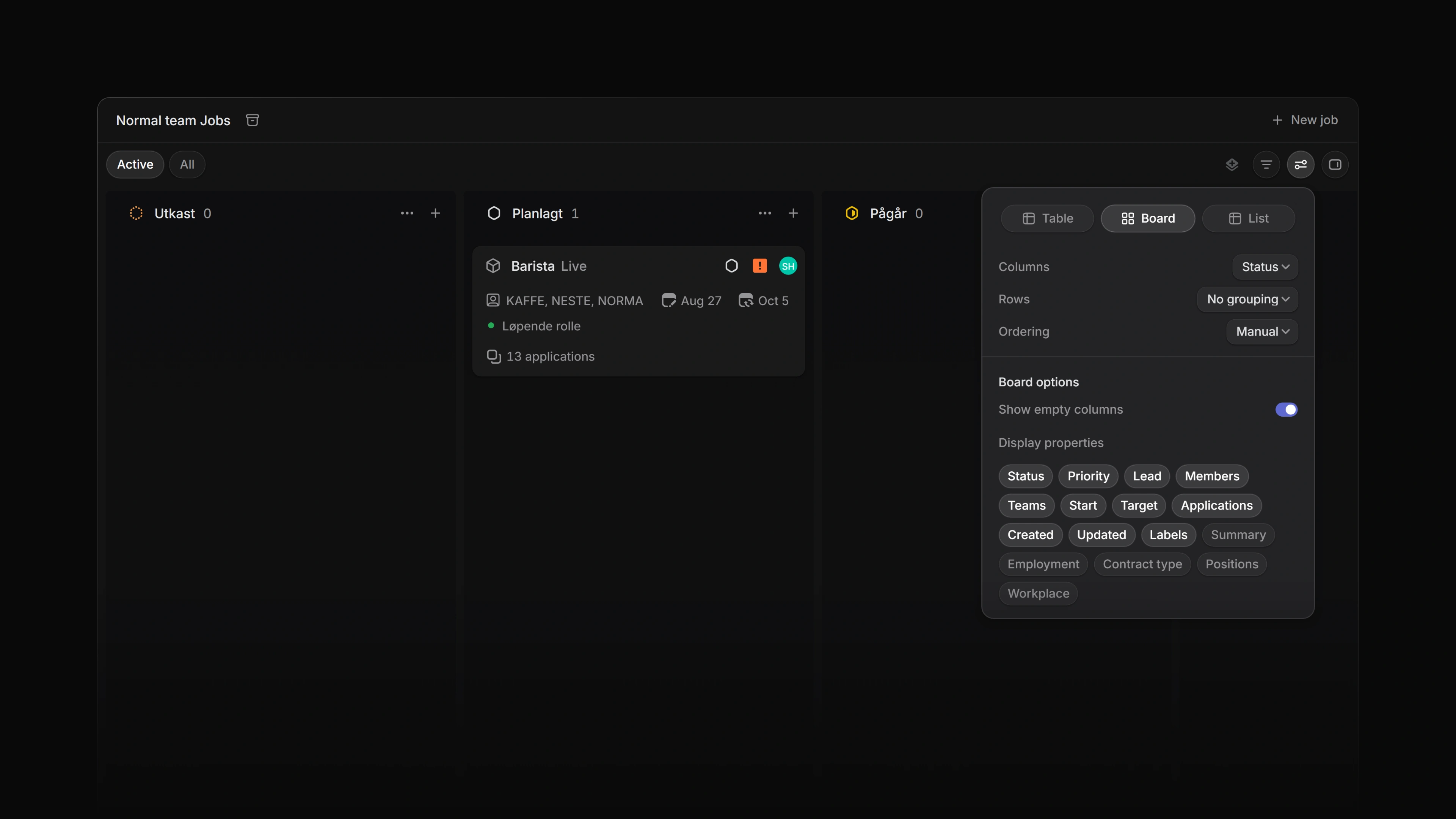 The display options panel open on a Jobs list in the board layout
