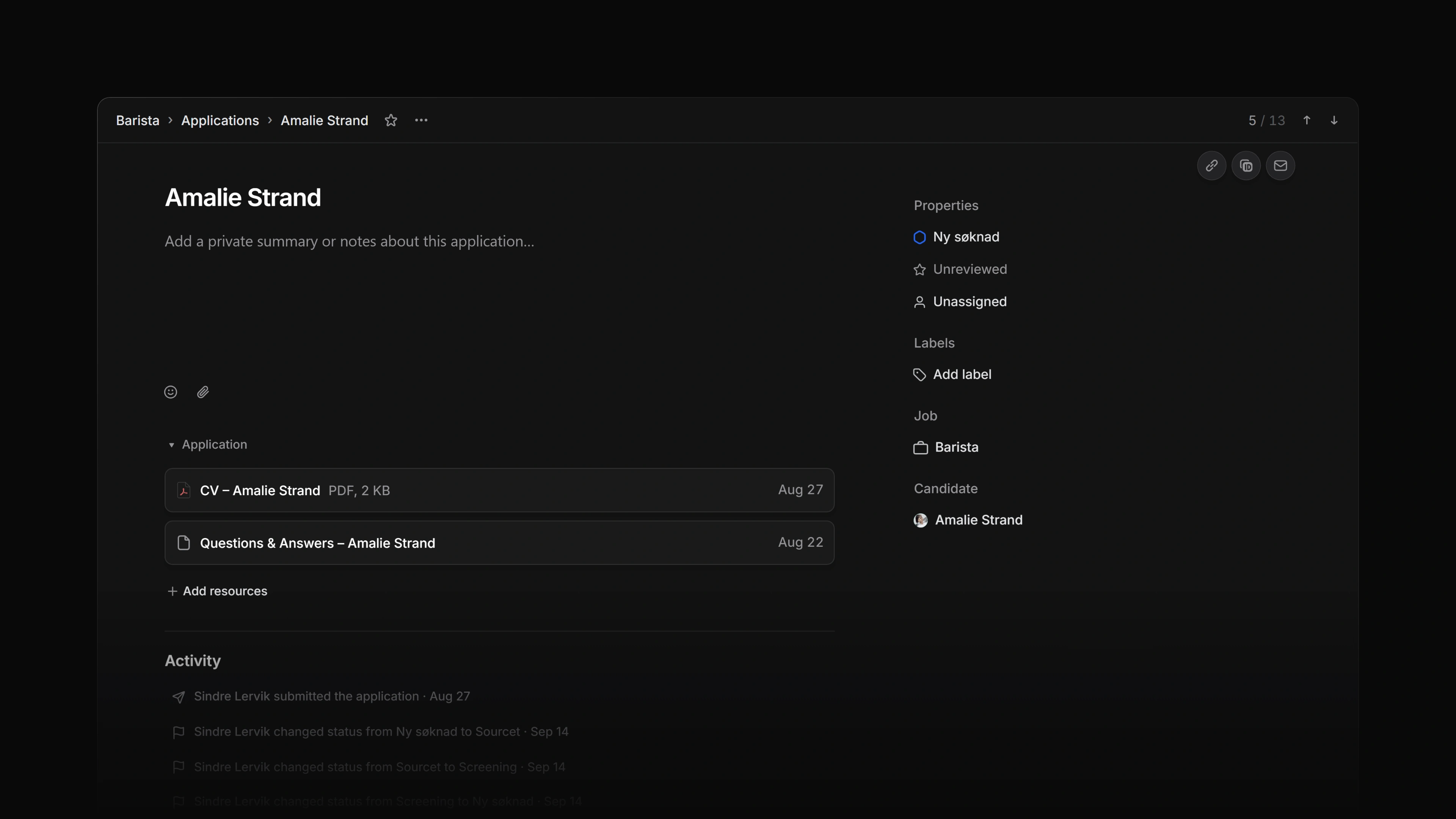 An application page with the property rail open