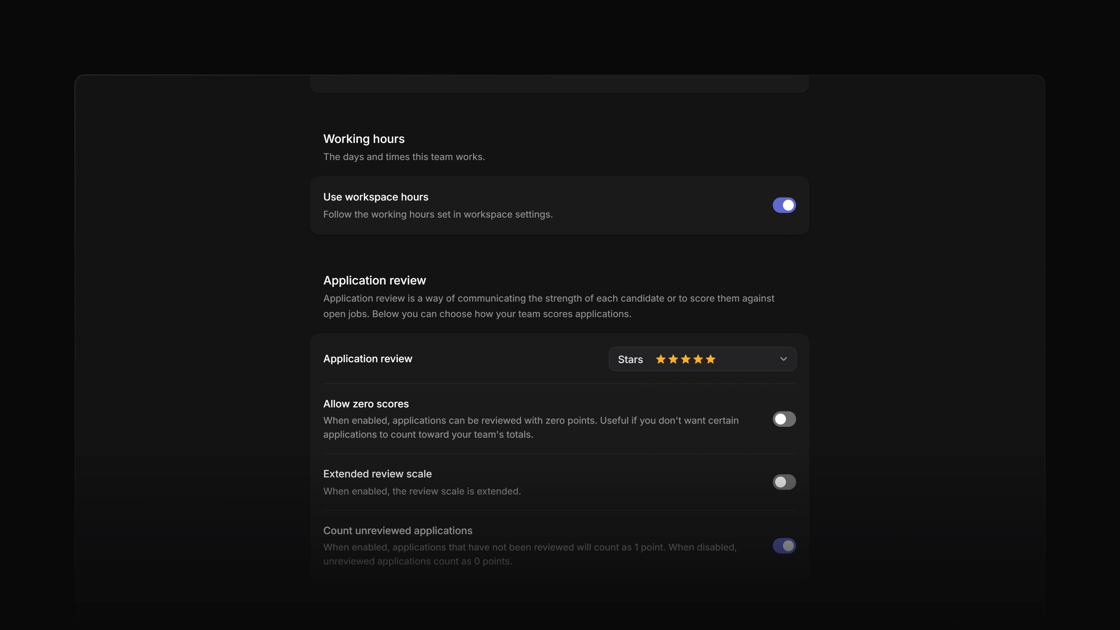 The Application review section on a team's General settings page