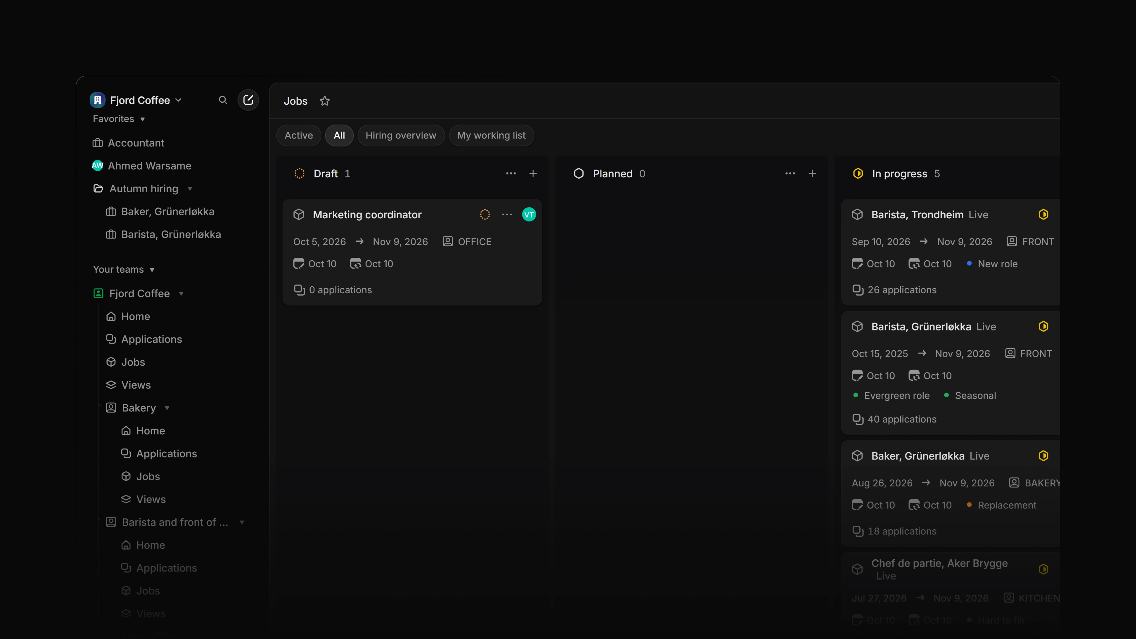 The sidebar Favorites section holding a job, a candidate and an open folder with two jobs