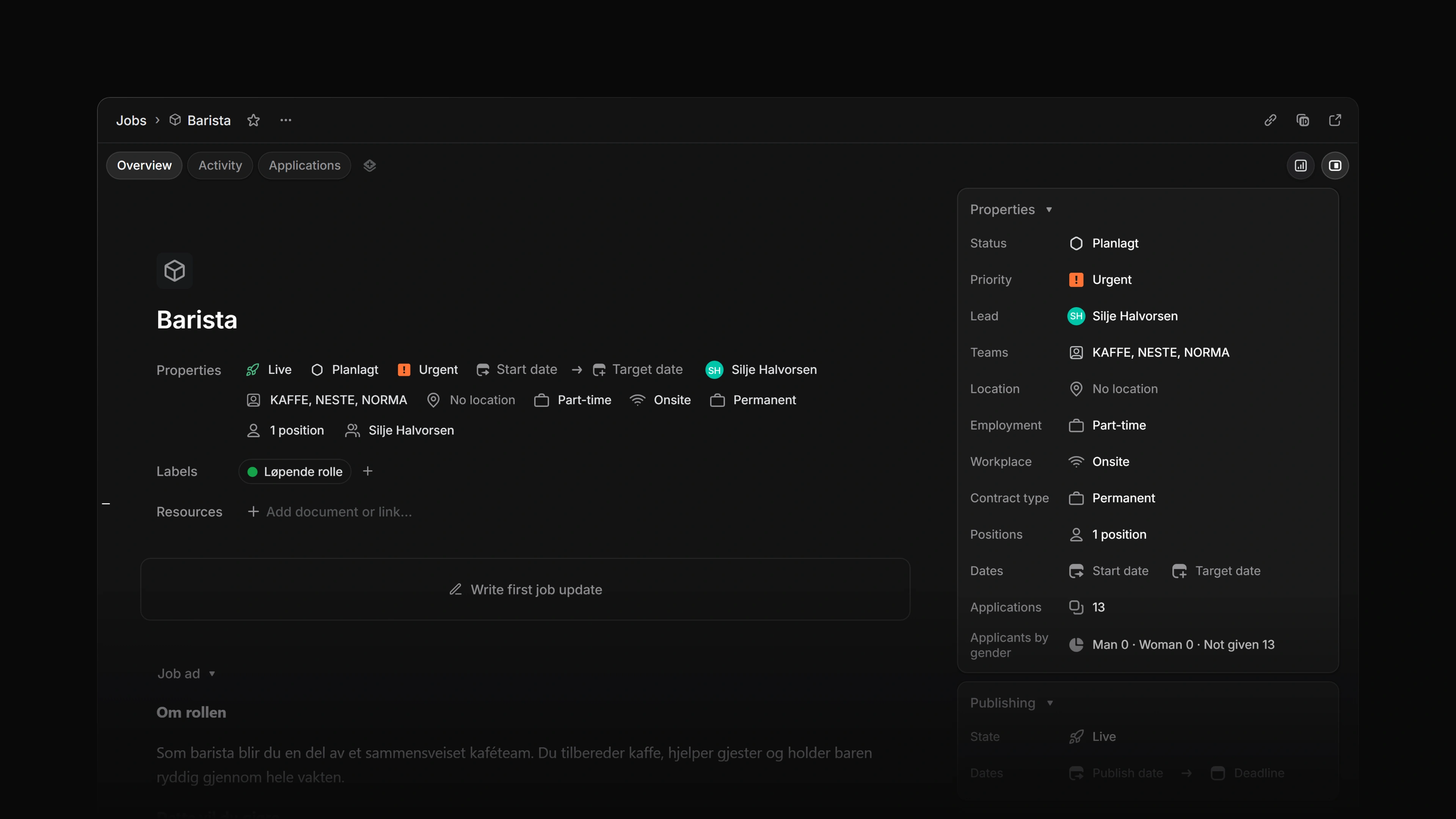 A job overview with the details panel open