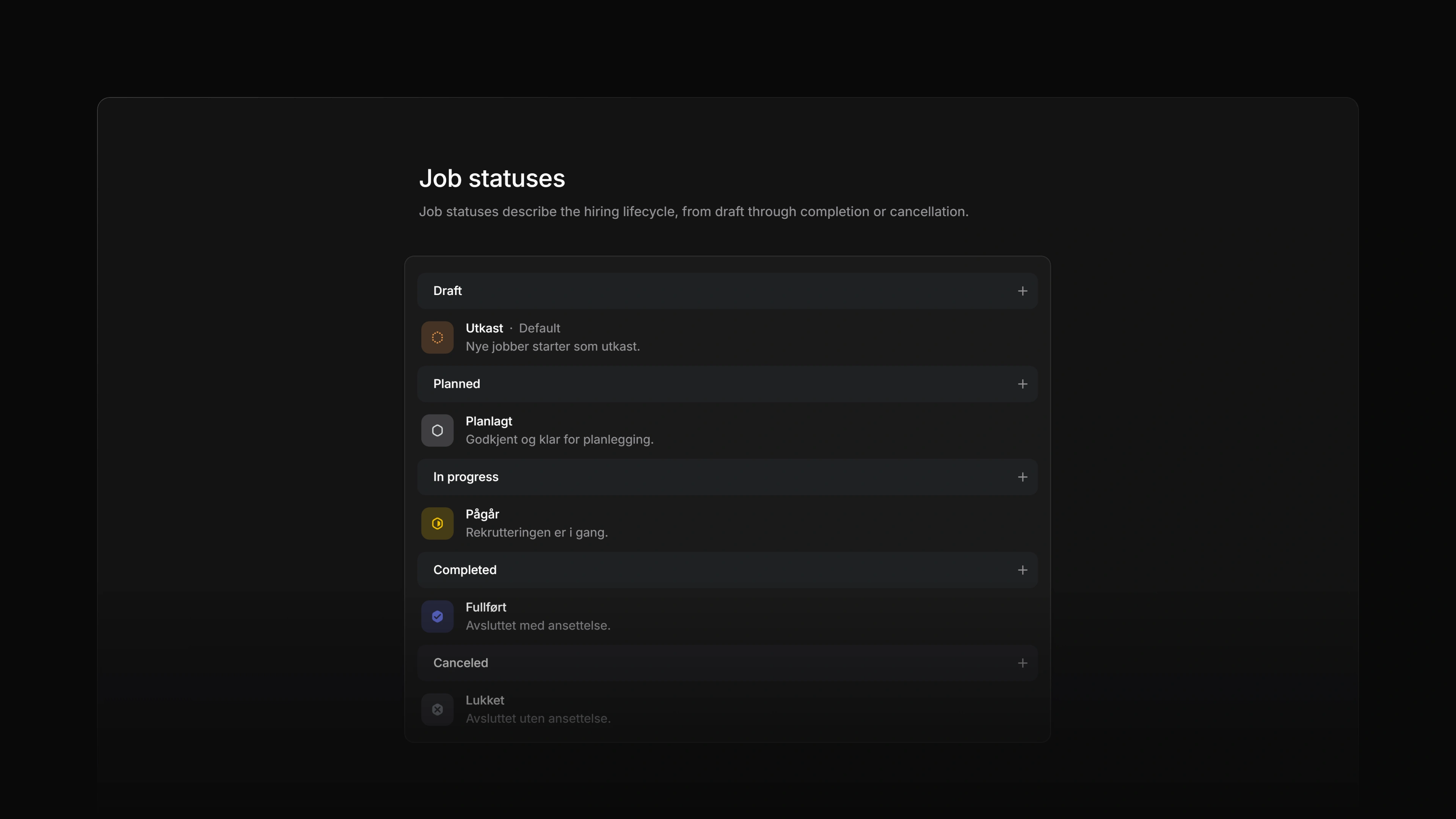 The job statuses settings page