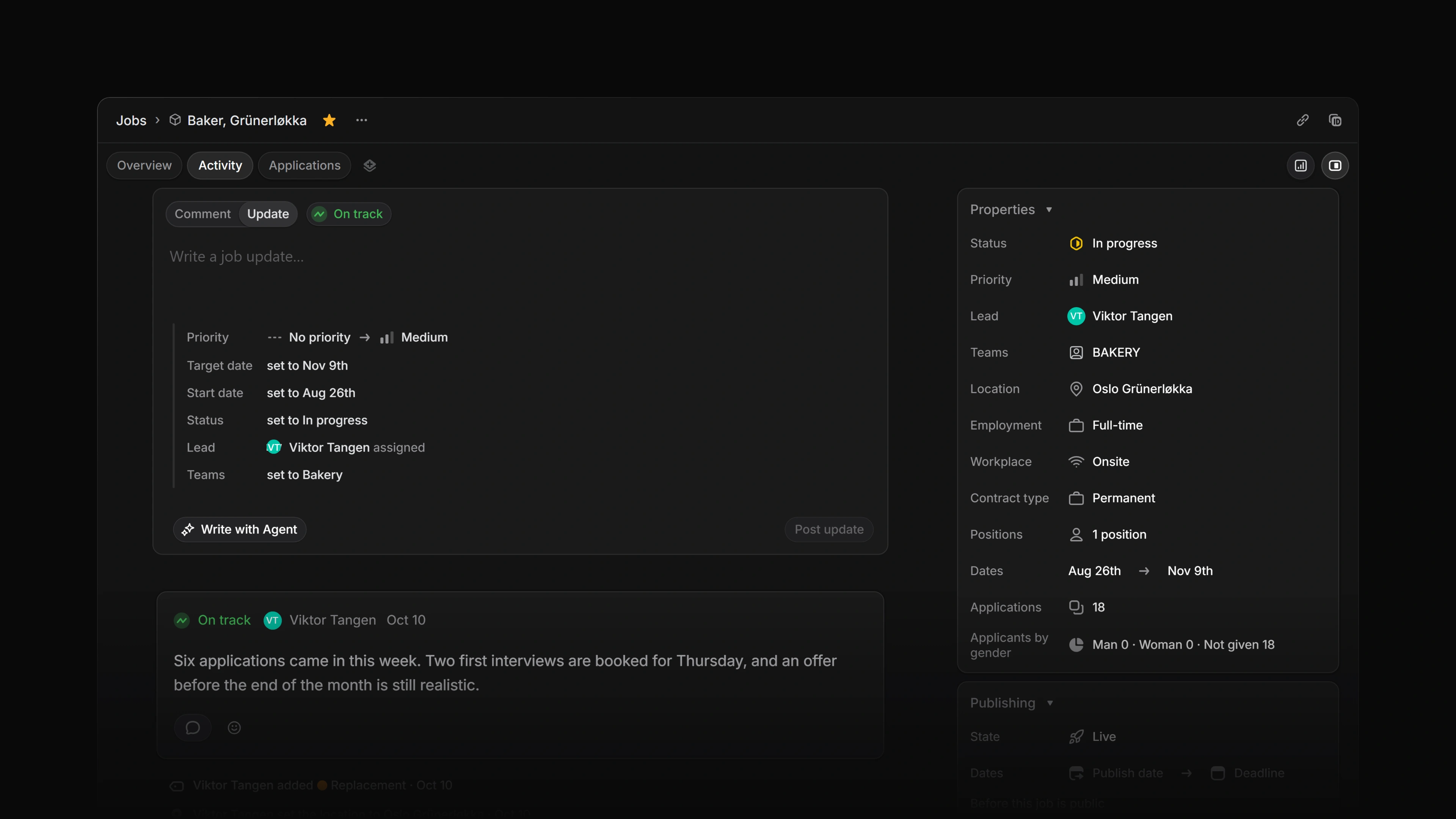 The Activity tab of a job with the update composer open and one posted update below it