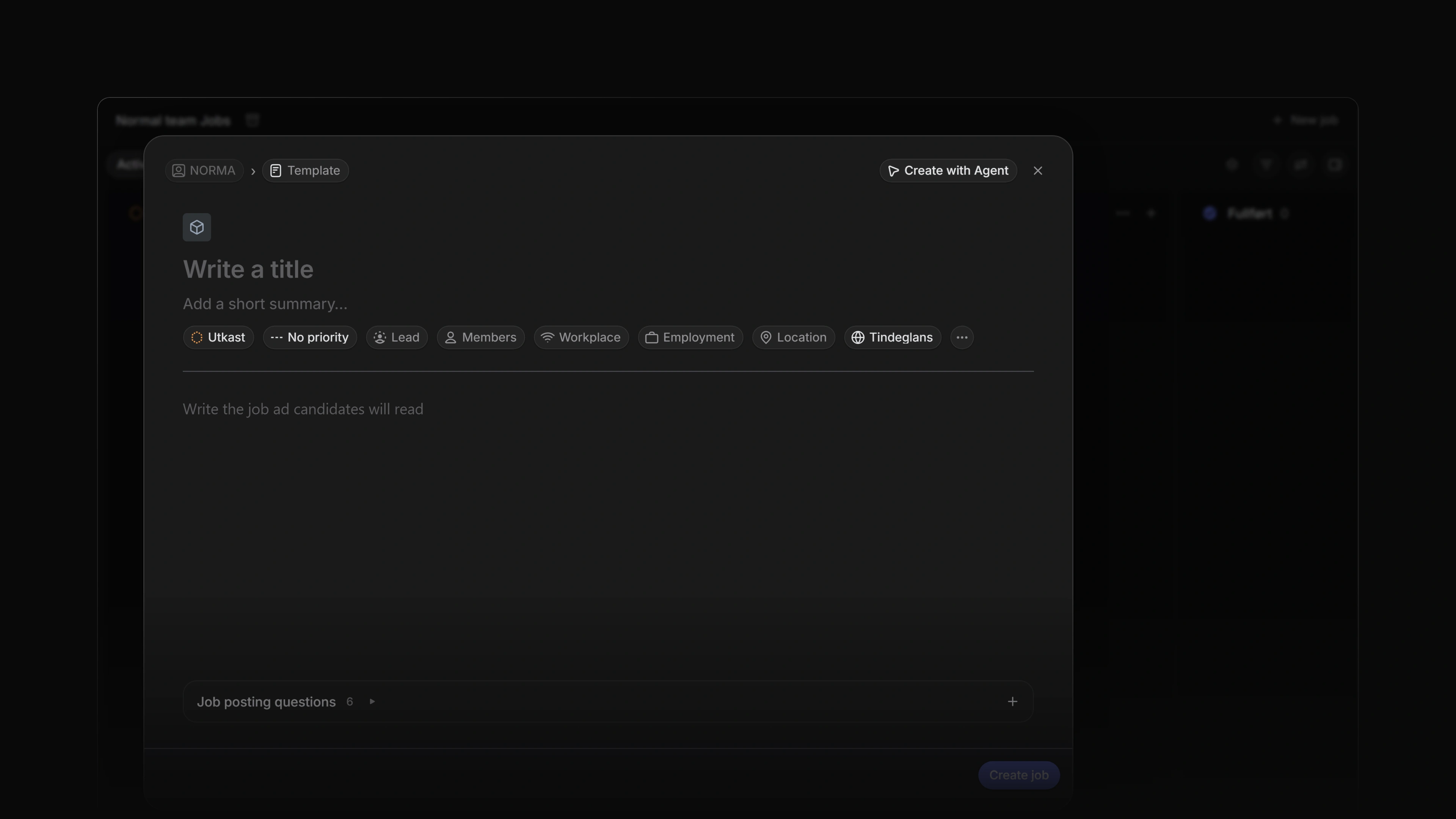 The Create job dialog with the property row