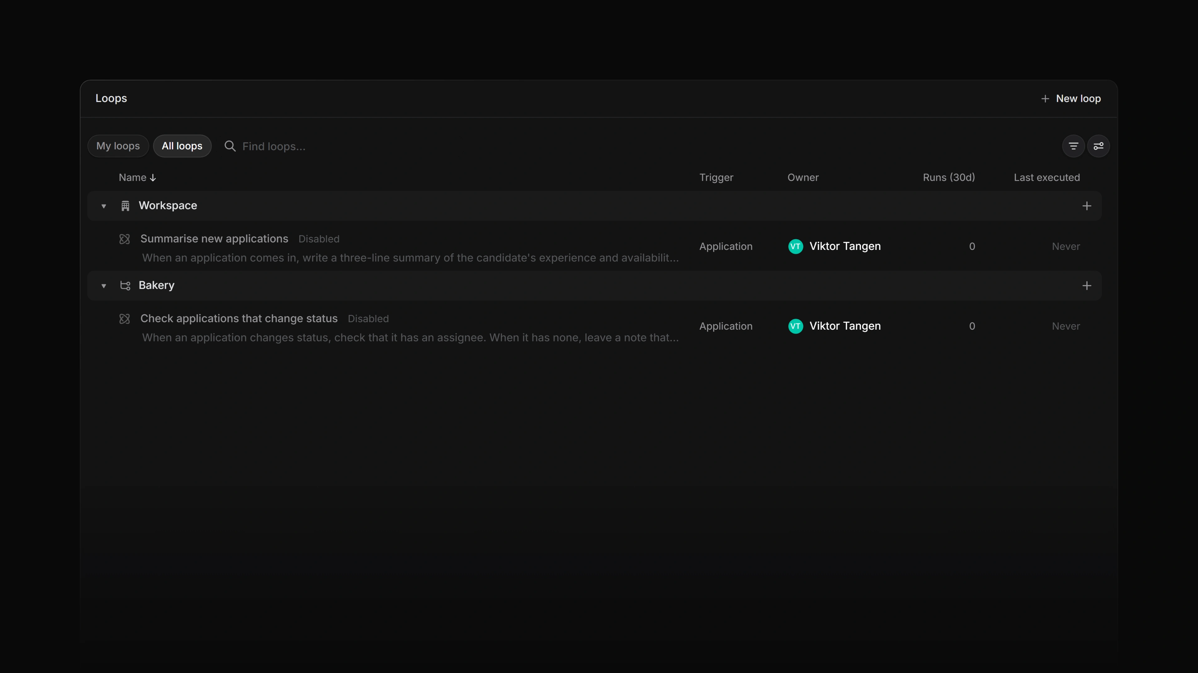 The Loops page with a workspace loop and a team loop