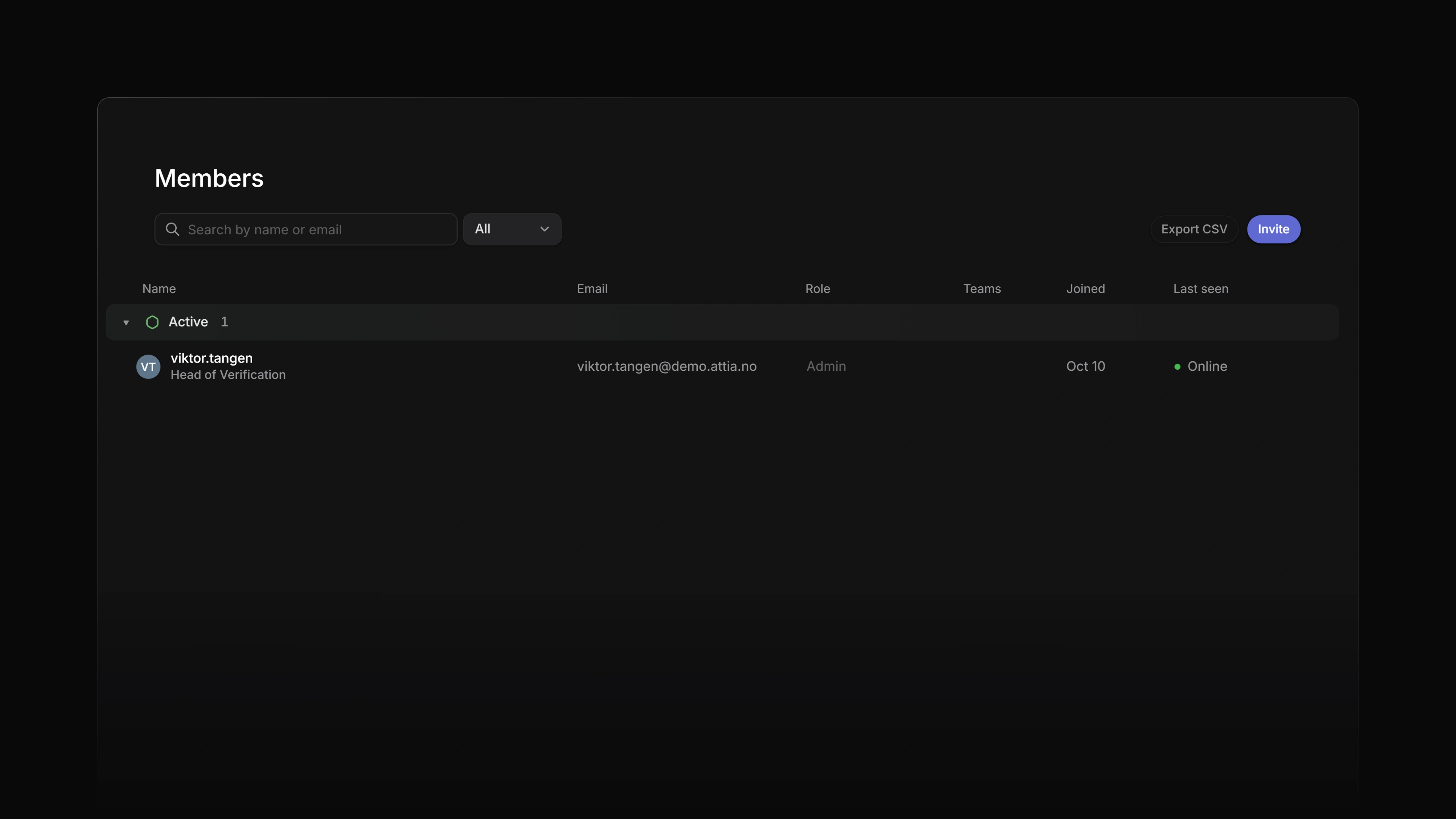 The member list in Settings → Members with one member and the Role column