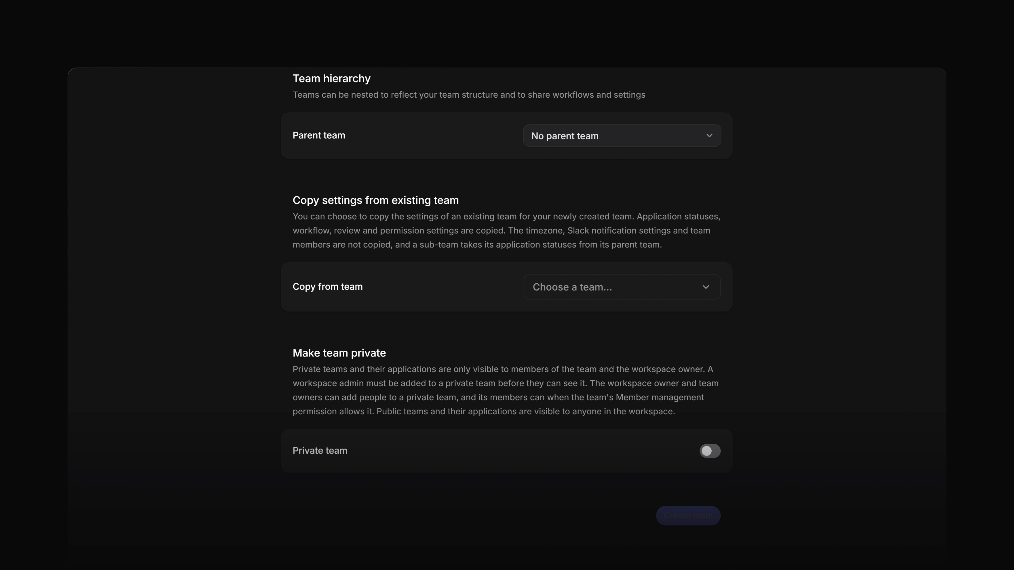 The Make team private section of the new team page, with the Private team switch off