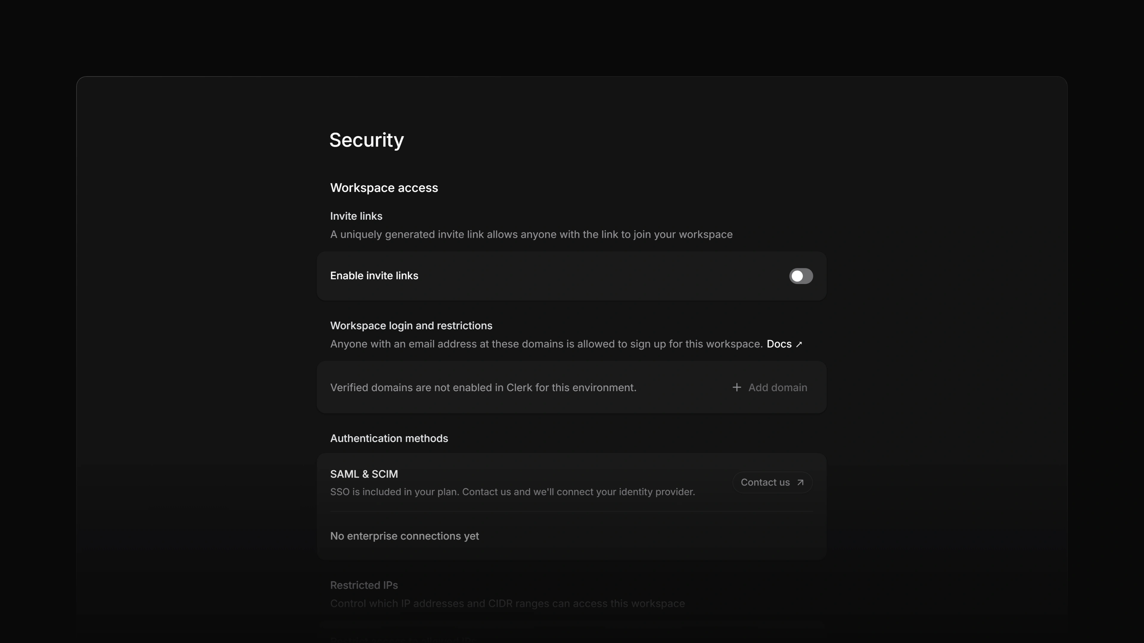 The Security settings page, where the SAML & SCIM row under Authentication methods reads Available on Enterprise