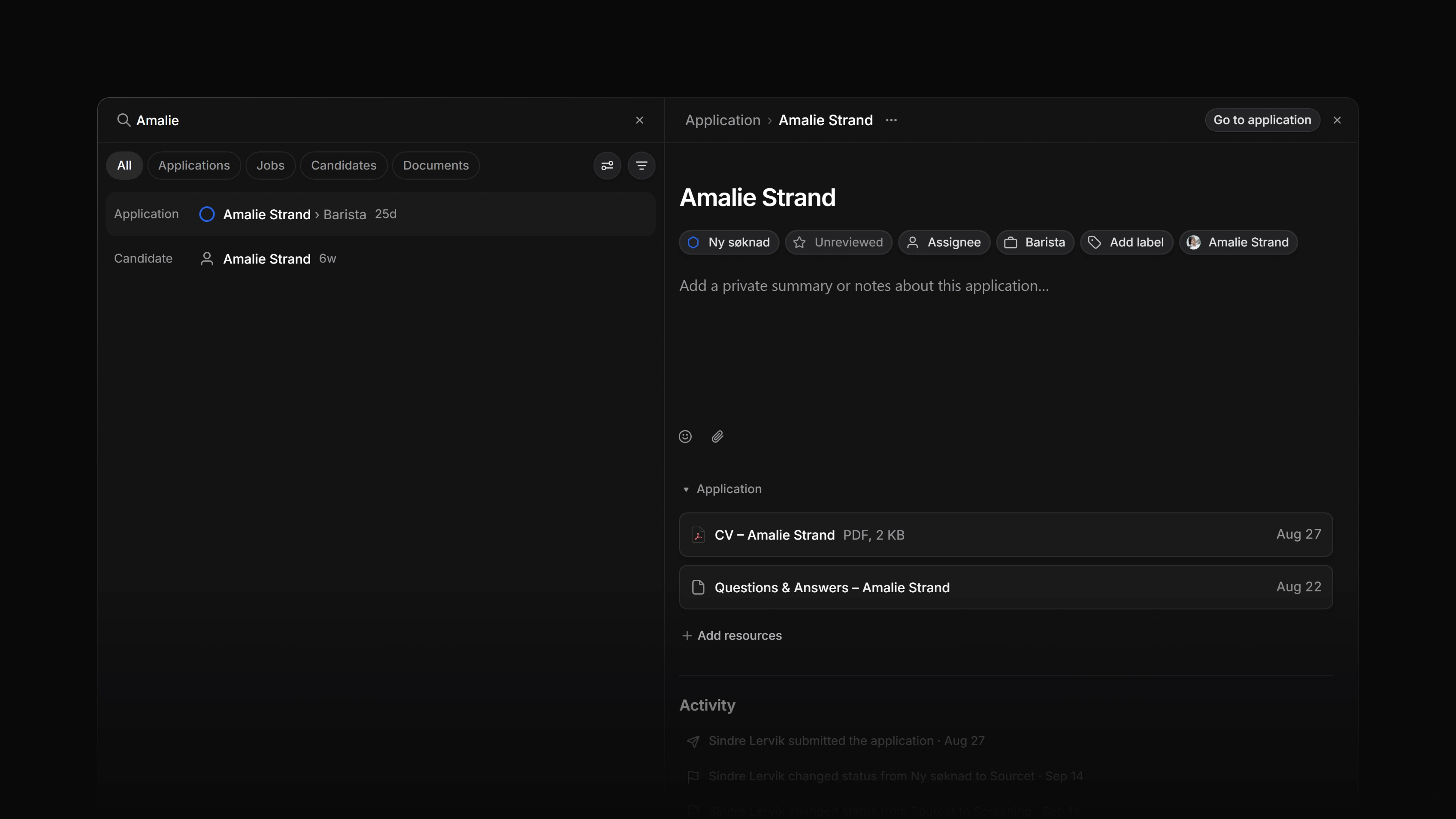 The search page with results for a candidate's name and one application open beside the list