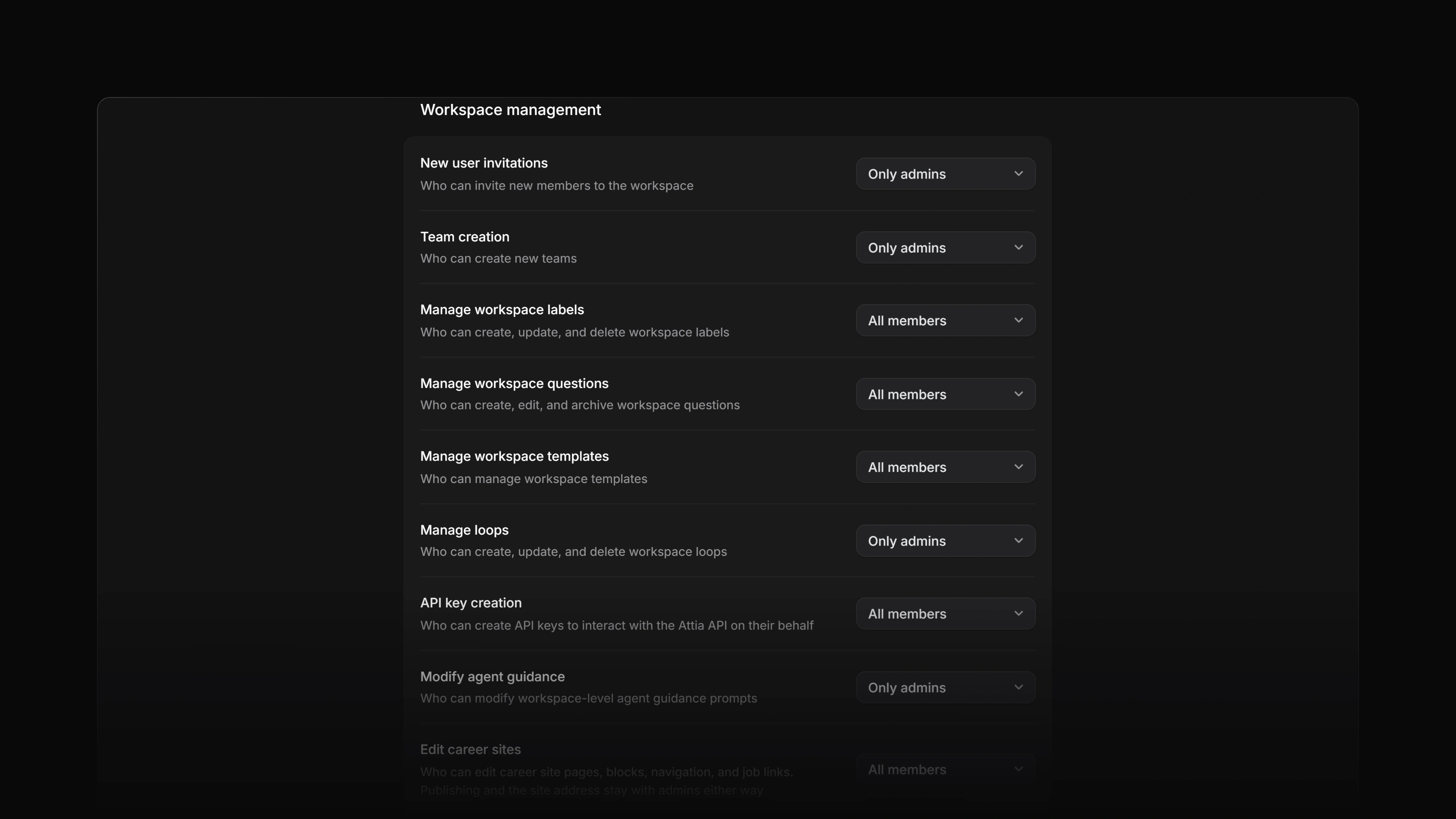 The Workspace management list in Settings → Security