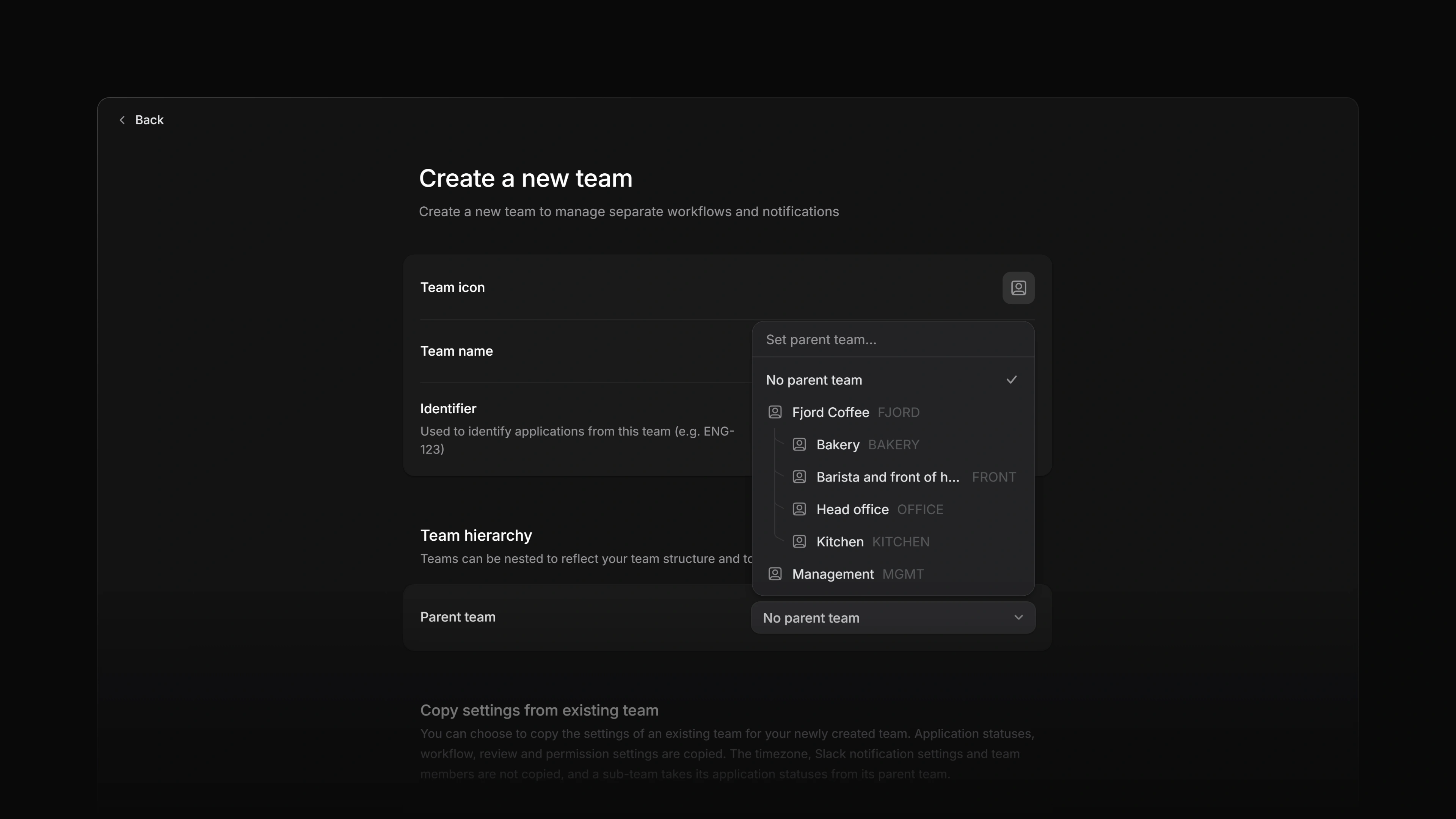 The Parent team picker open on the new team page, listing No parent team and the workspace's teams with their sub-teams
