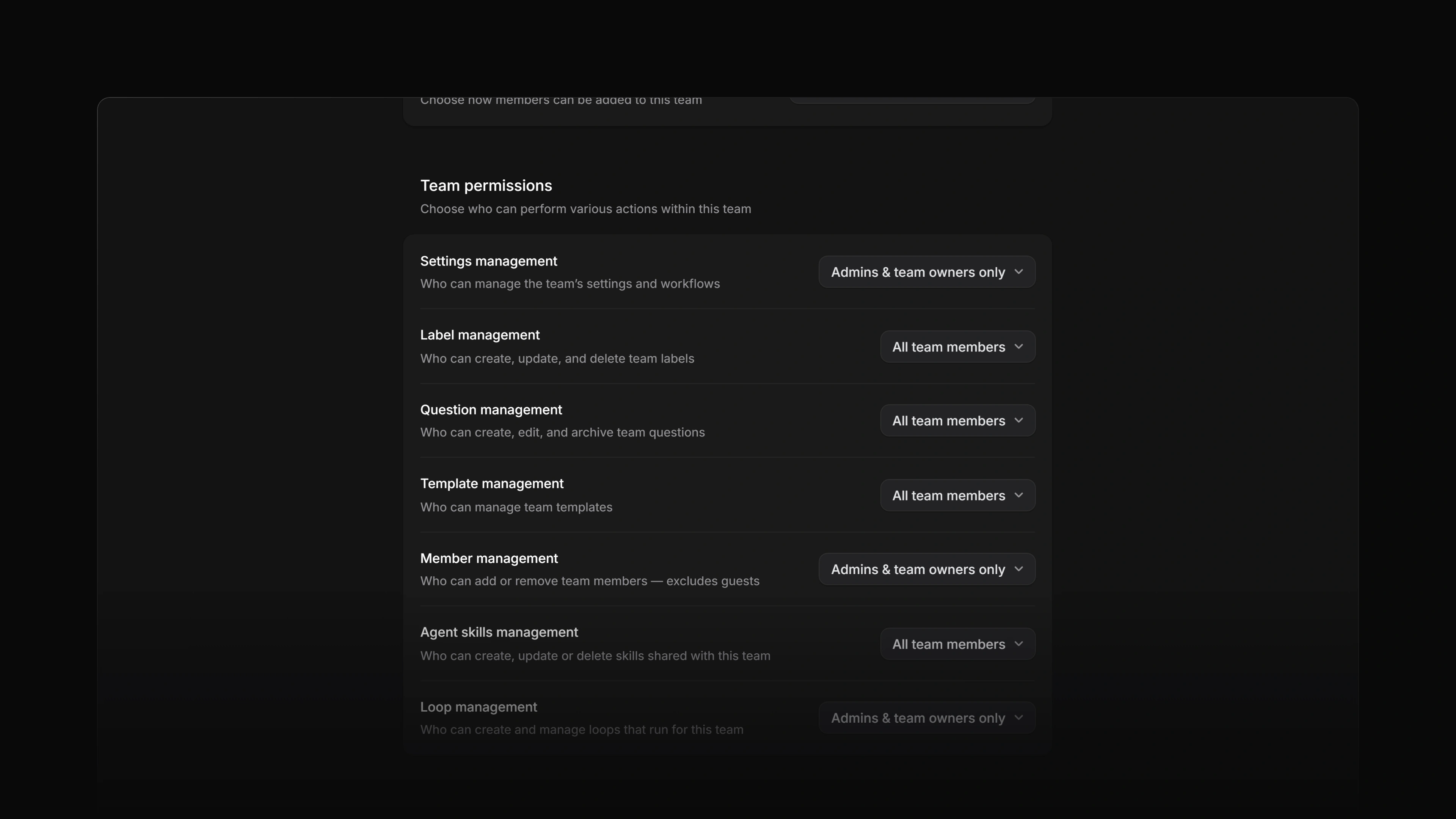 Team permissions on the Access and permissions page